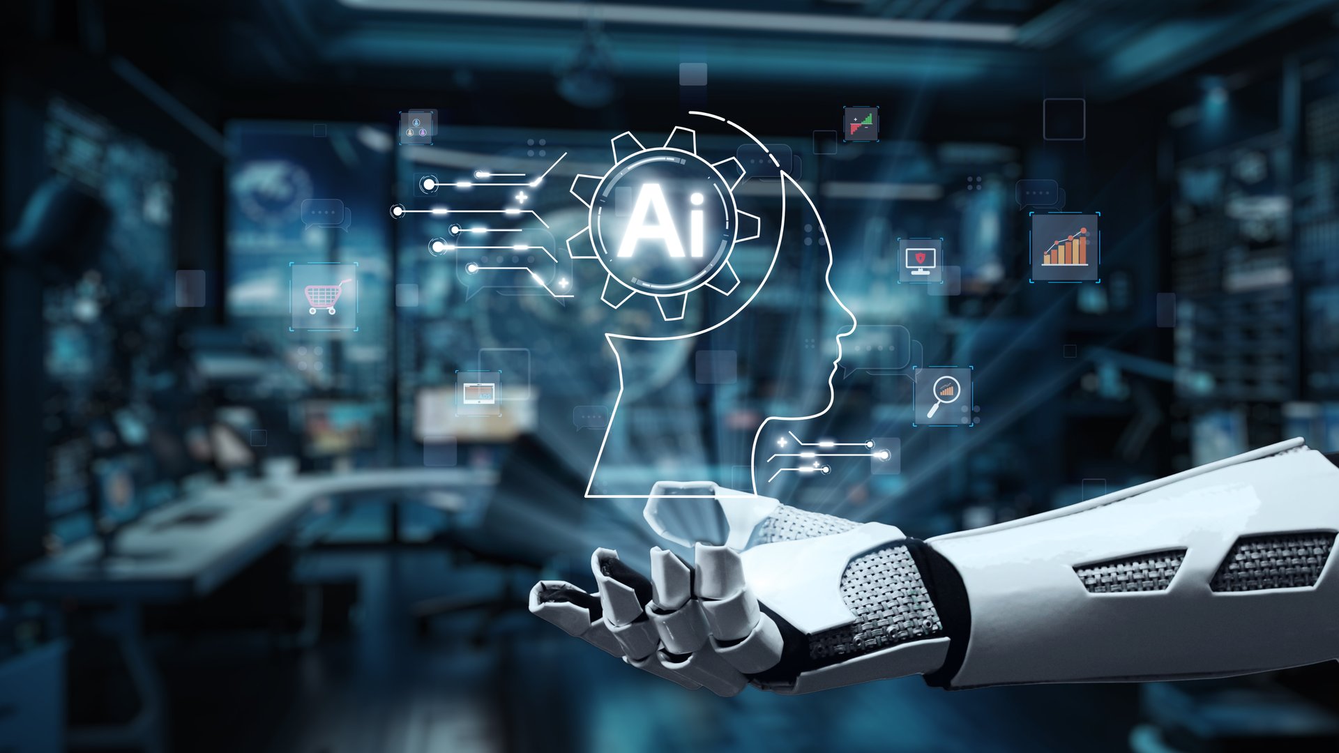 A robotic hand showcases an illuminated AI symbol and various digital interface icons, symbolizing the integration of artificial intelligence in modern technology. Auvana