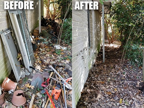 Before and after junk removal transformation showing cluttered space cleaned and organized