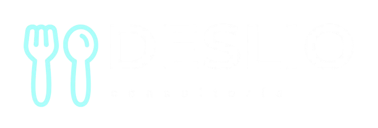 Logo of DESLIO Consultoría with a blue fork and spoon icon on left and text in white on a black background.