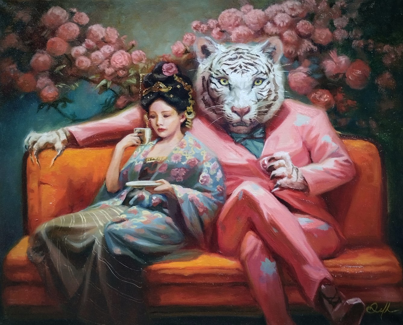 A woman in kimono and a tiger in a pink suit sit on an orange couch surrounded by flowers, with the tigers paw on her shoulder.