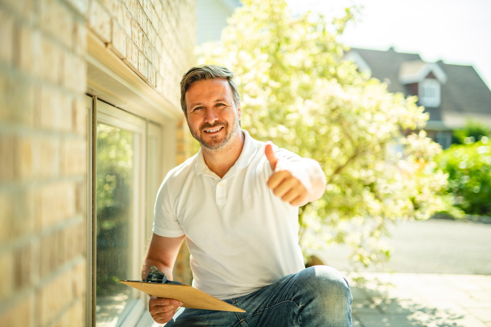 A man inspecting house window outside on day light