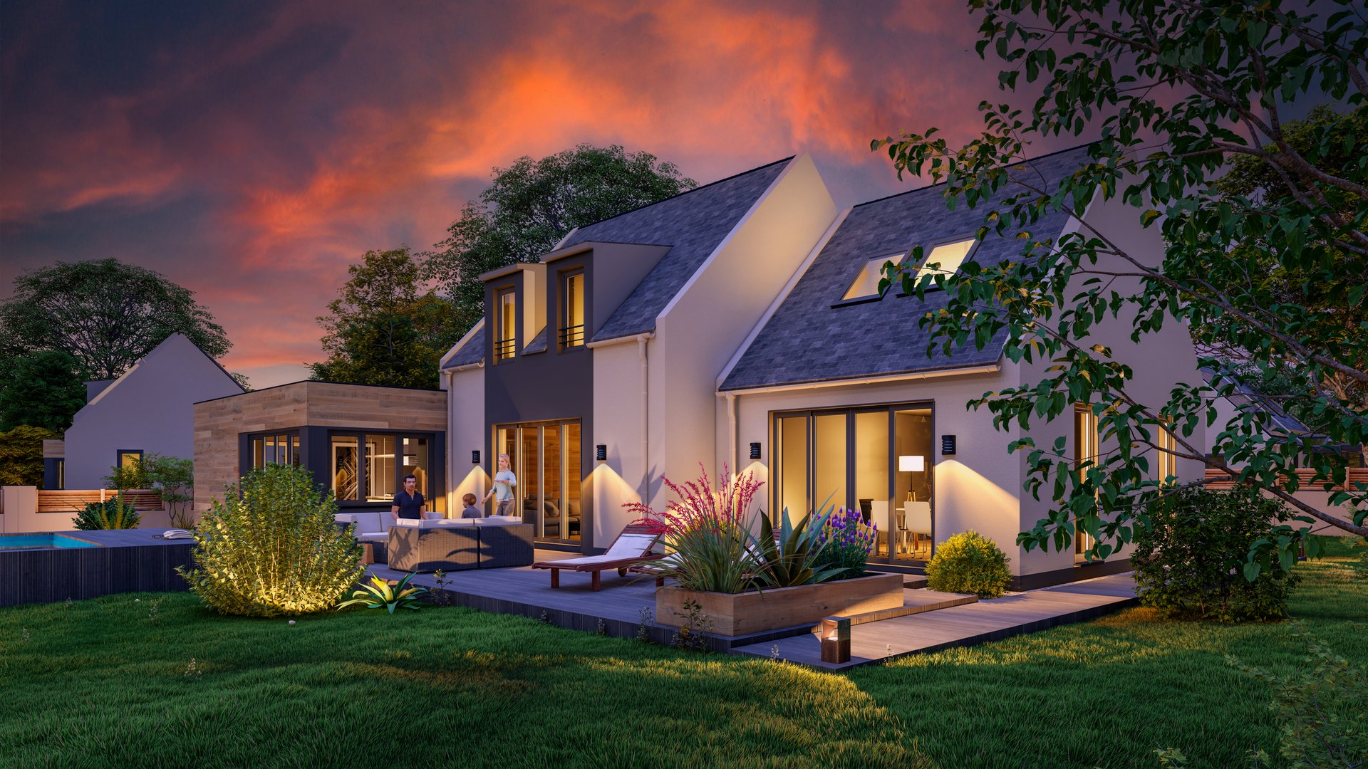3D rendering of a new house in a traditional style at dusk
