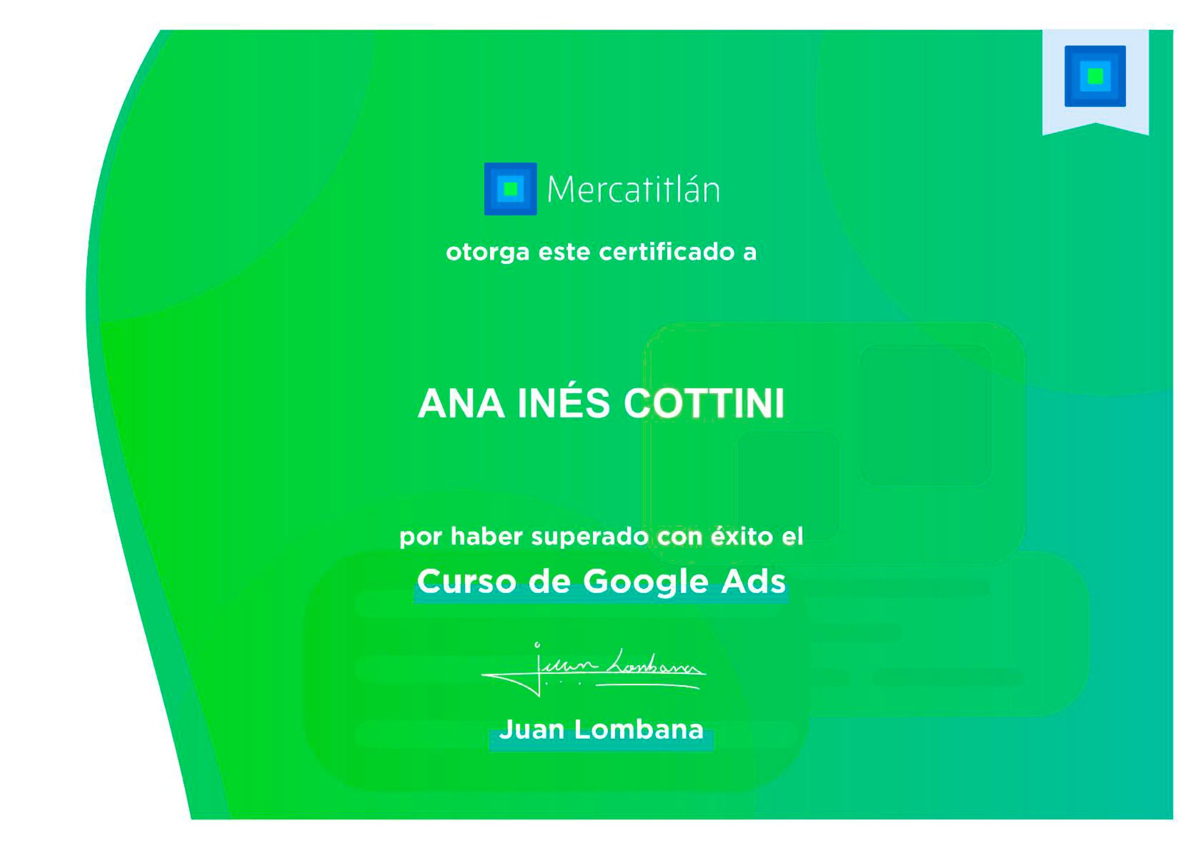 Certificado de Google Ads de Ana Cottini