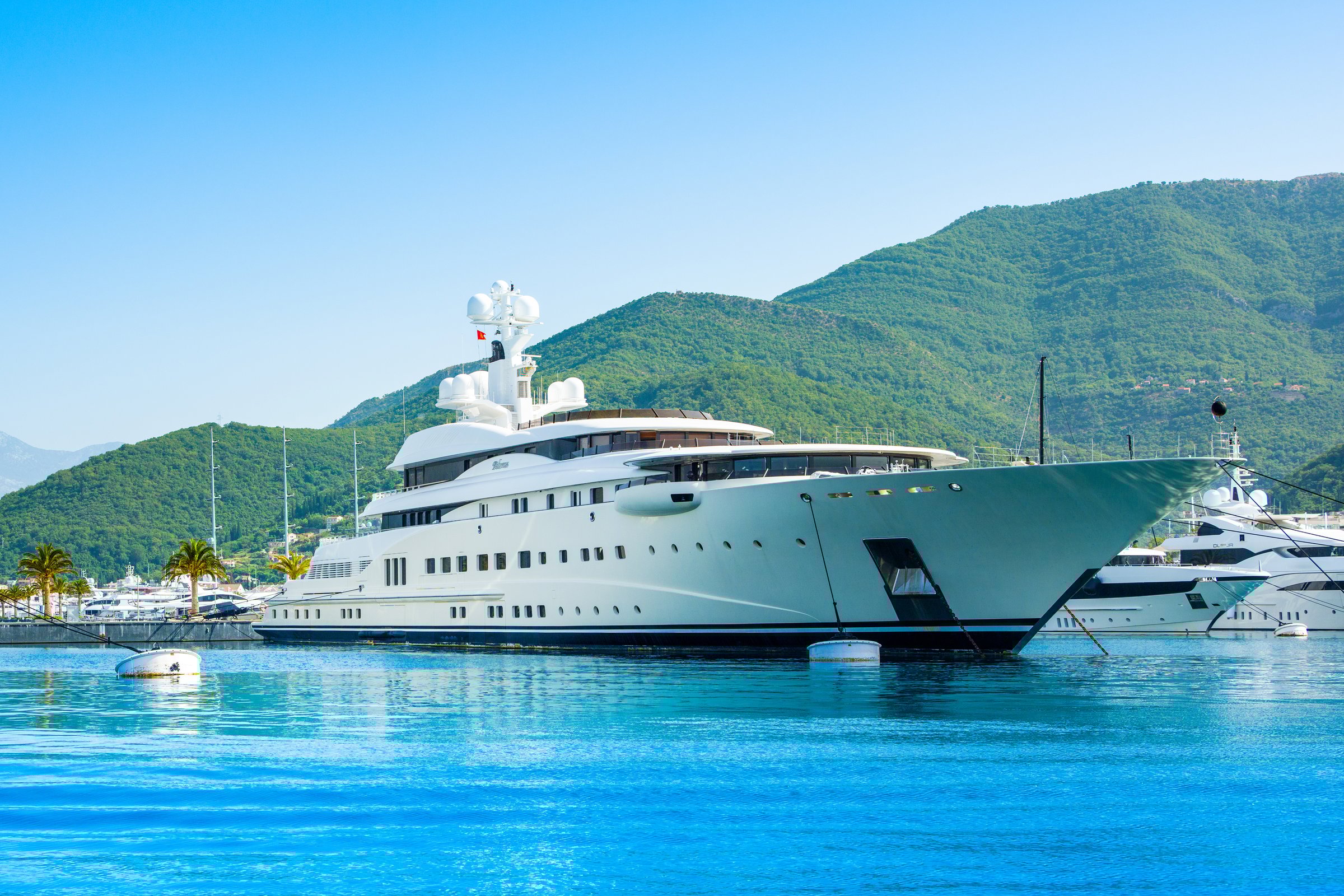 Tivat, Montenegro - June 30, 2021: Luxury yacht in Porto Montenegro marina