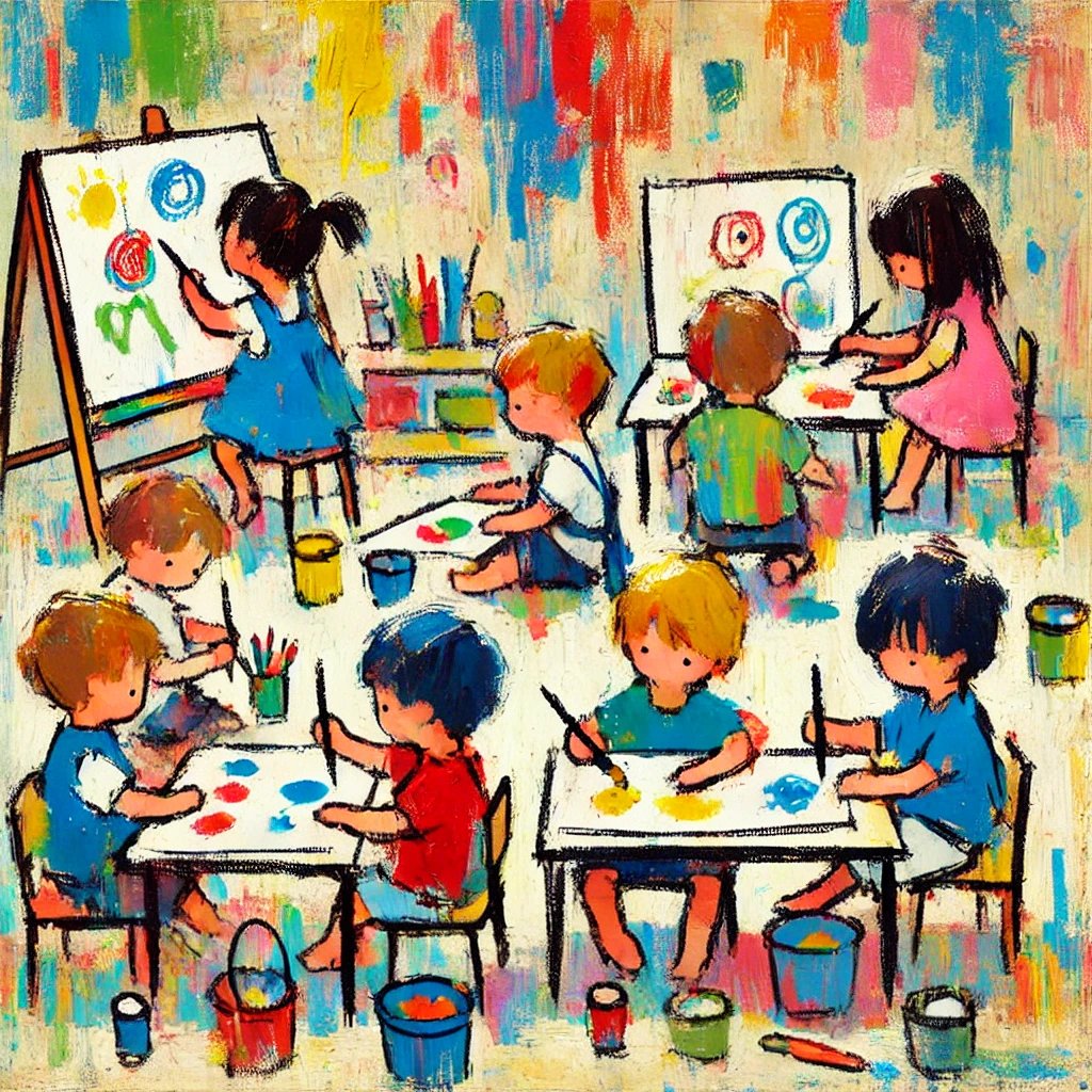 Children painting with brushes and easels, creating colorful artwork in a lively, artistic classroom setting.