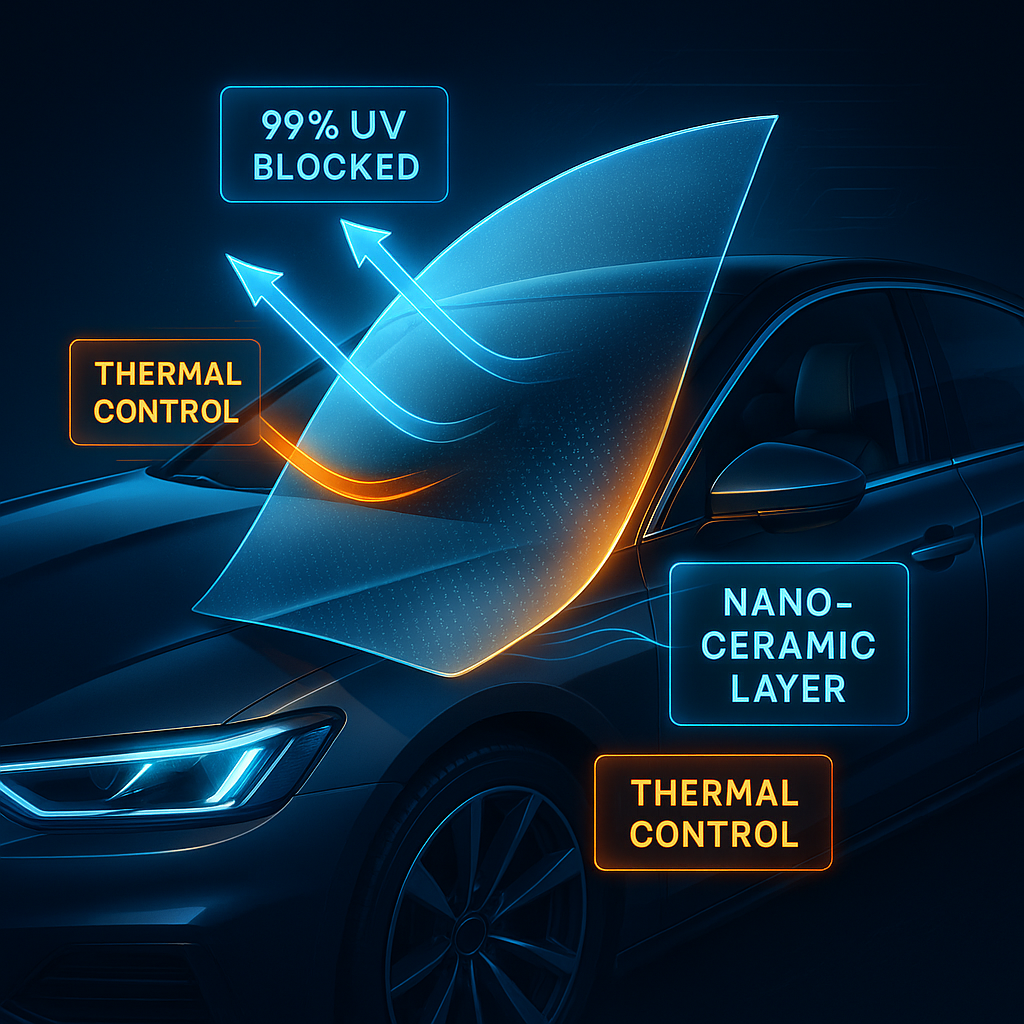 Illustration of a car window with labels highlighting UV blocking, nano-ceramic layer, and thermal control features.