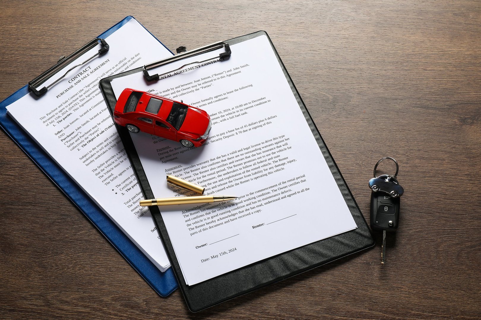 Car key, model and purchase agreement on wooden table. Buying auto