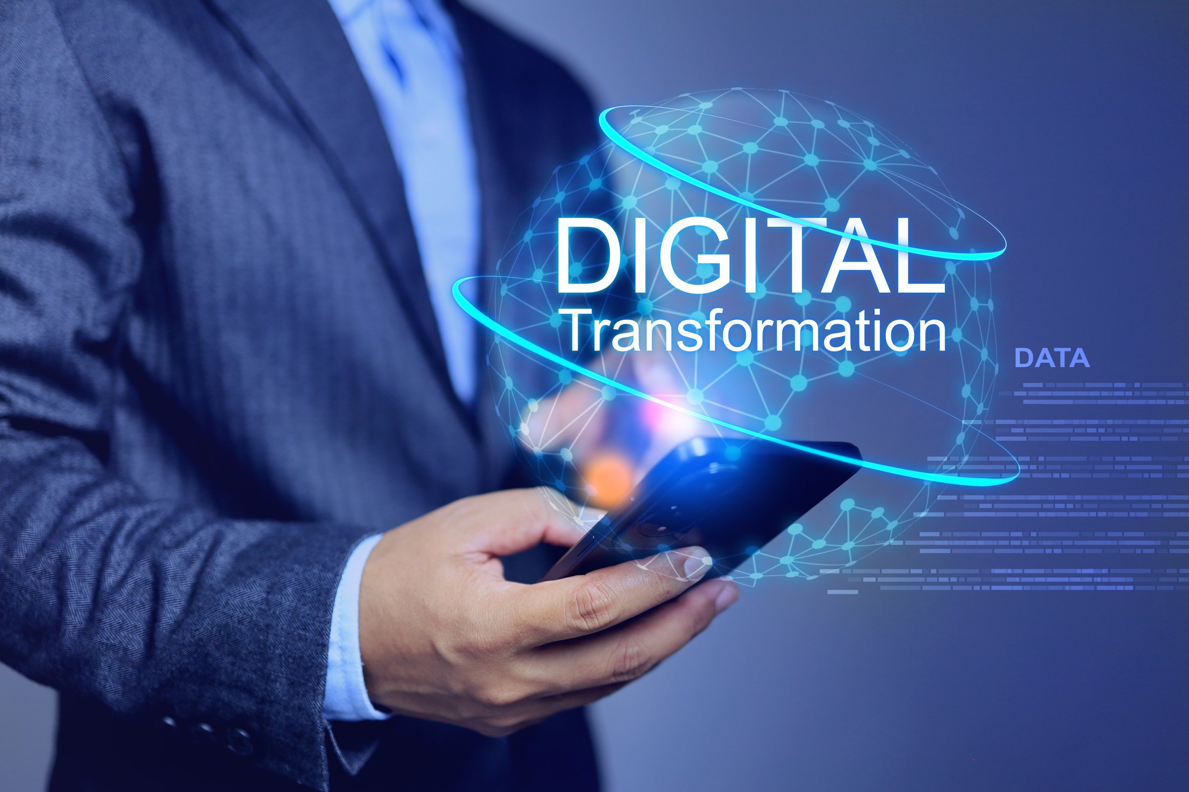Digital transformation concept with businessman using technology to change business and delivers value to customers and adopting new innovation to improve customer experiences in the digital age