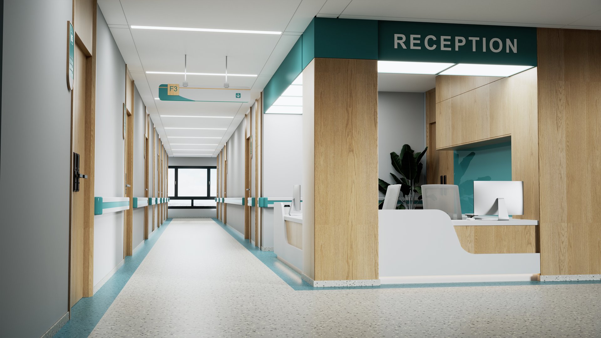 Esthetic and clean modern hospital reception and corridor, private clinic or vet waiting room with empty posters and walls. 3D render illustration.