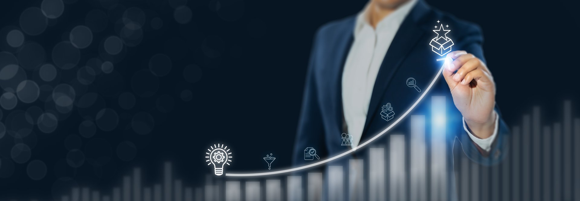 Creative idea generation for new product development concept. Creative thinking and innovation. Growth curve with stages of innovation icons, generating creative idea process for product developmement