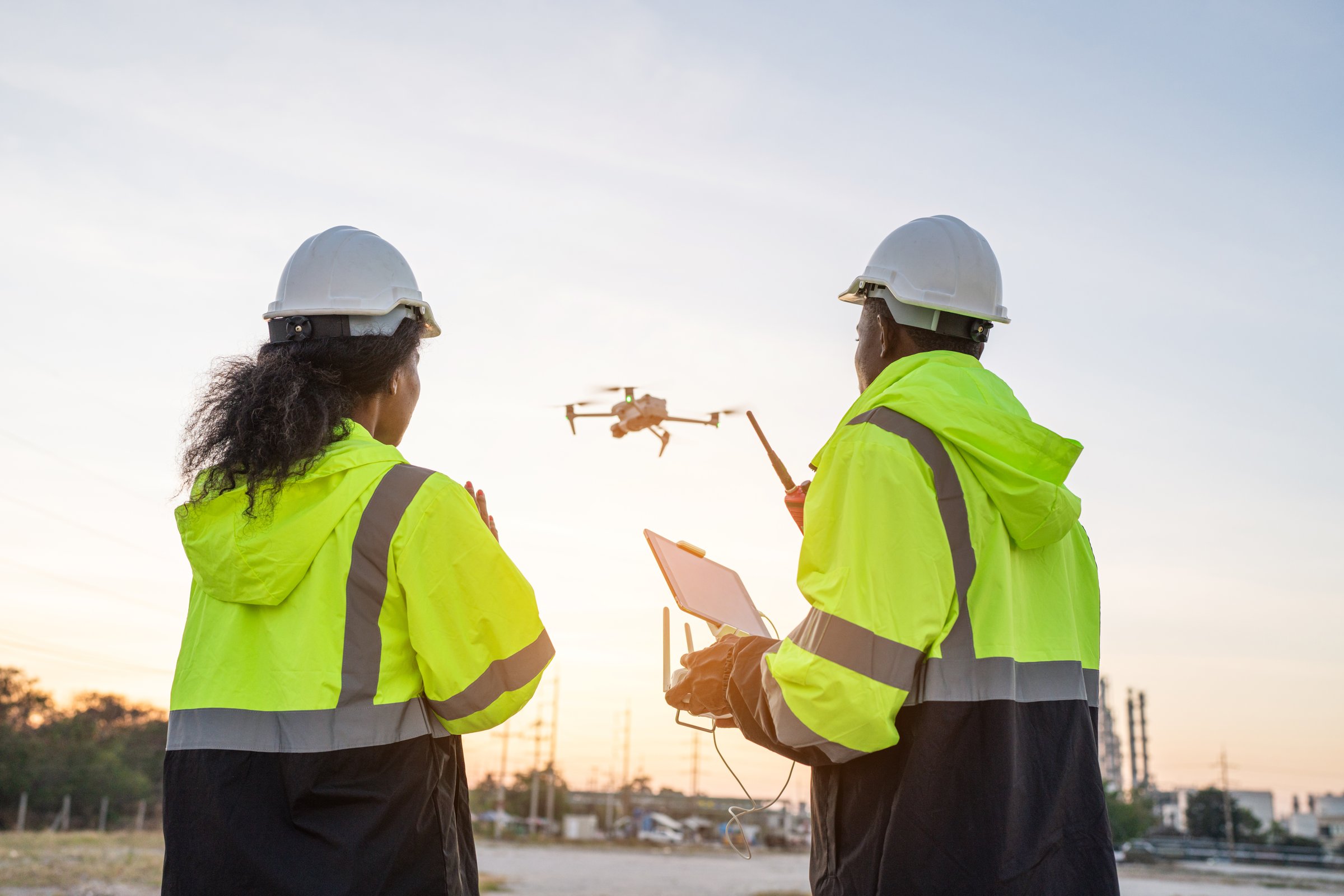 Team of Engineer Specialists Pilot Drone on Construction Site. Architectural Engineer and Safety Engineering Inspector Fly Drone at industrial plant.