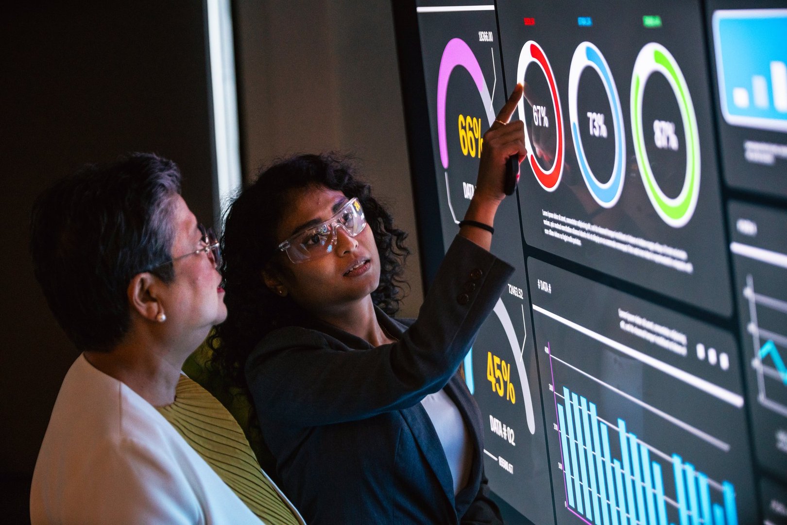 Two professionals discuss strategy in modern office, analyzing interactive dashboard with charts and metrics. Corporate meeting scene shows analytics, datum, collaboration, and teamwork presentation.