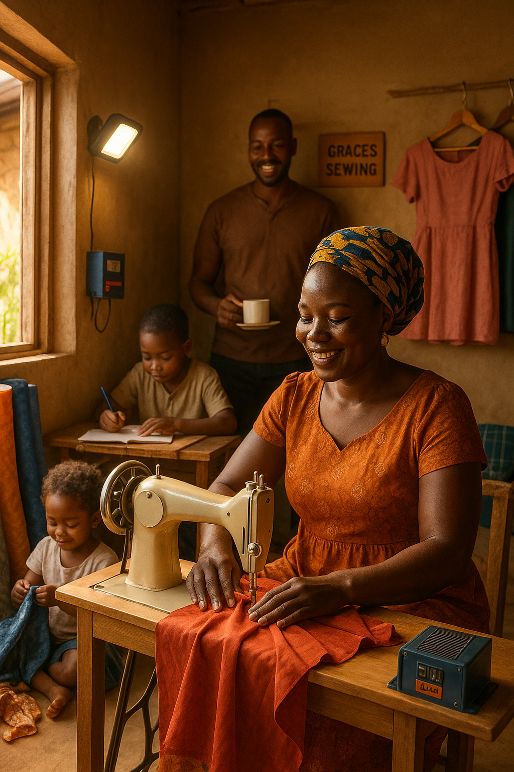 Woman smiling while sewing with children nearby, man standing in background holding a mug. Room has rustic decor.