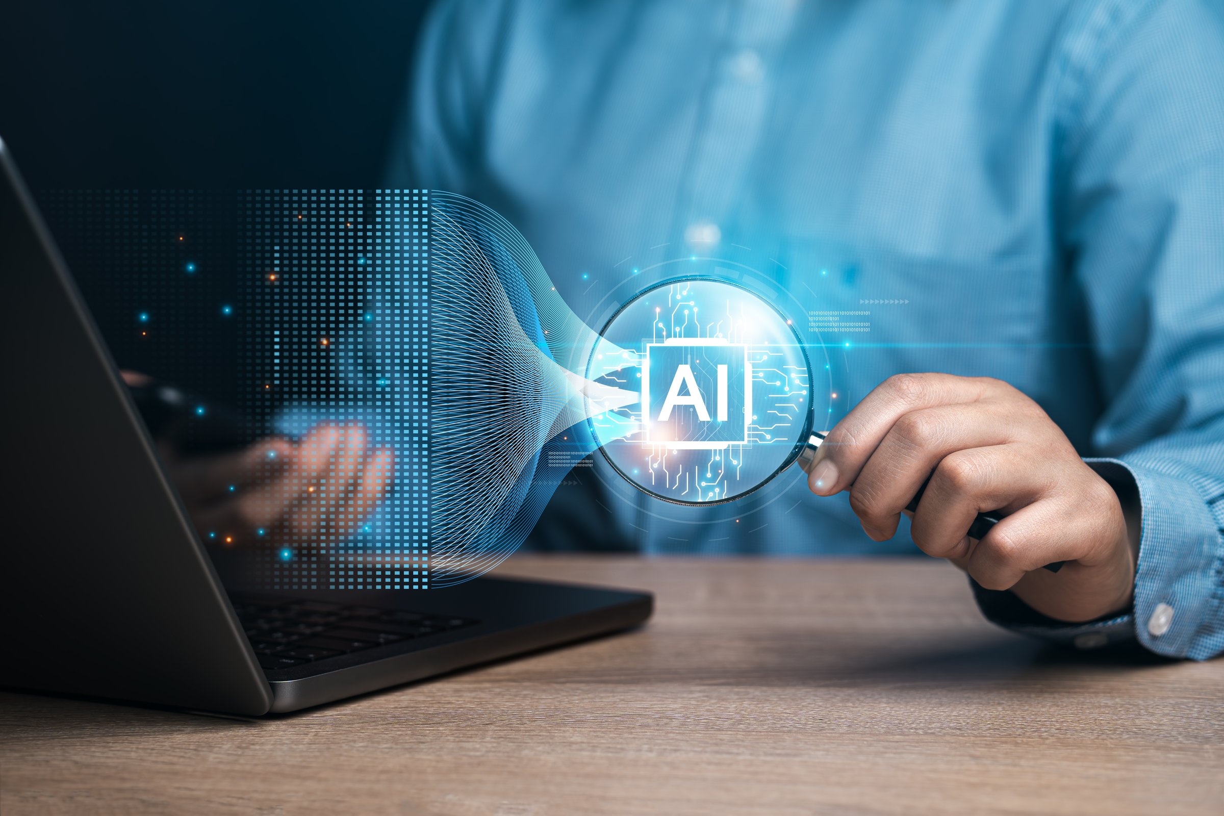 Businessman using AI tools, intelligent robot technology Learning of digital chatbot tools Future and global connectivity innovations to enable access to information and online networks.