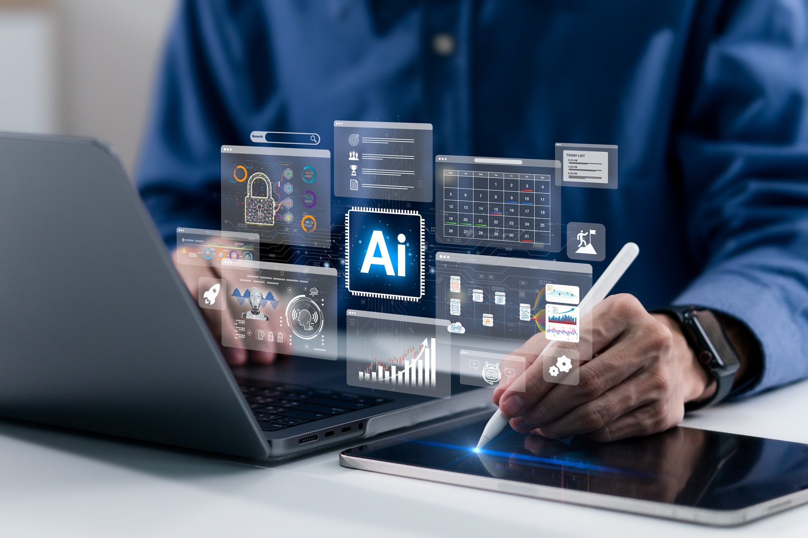 Man uses a laptop and AI Artificial Intelligence technology for data analysis, research, planning, and work generate. Technology smart robot AI agents and agentic workflows.