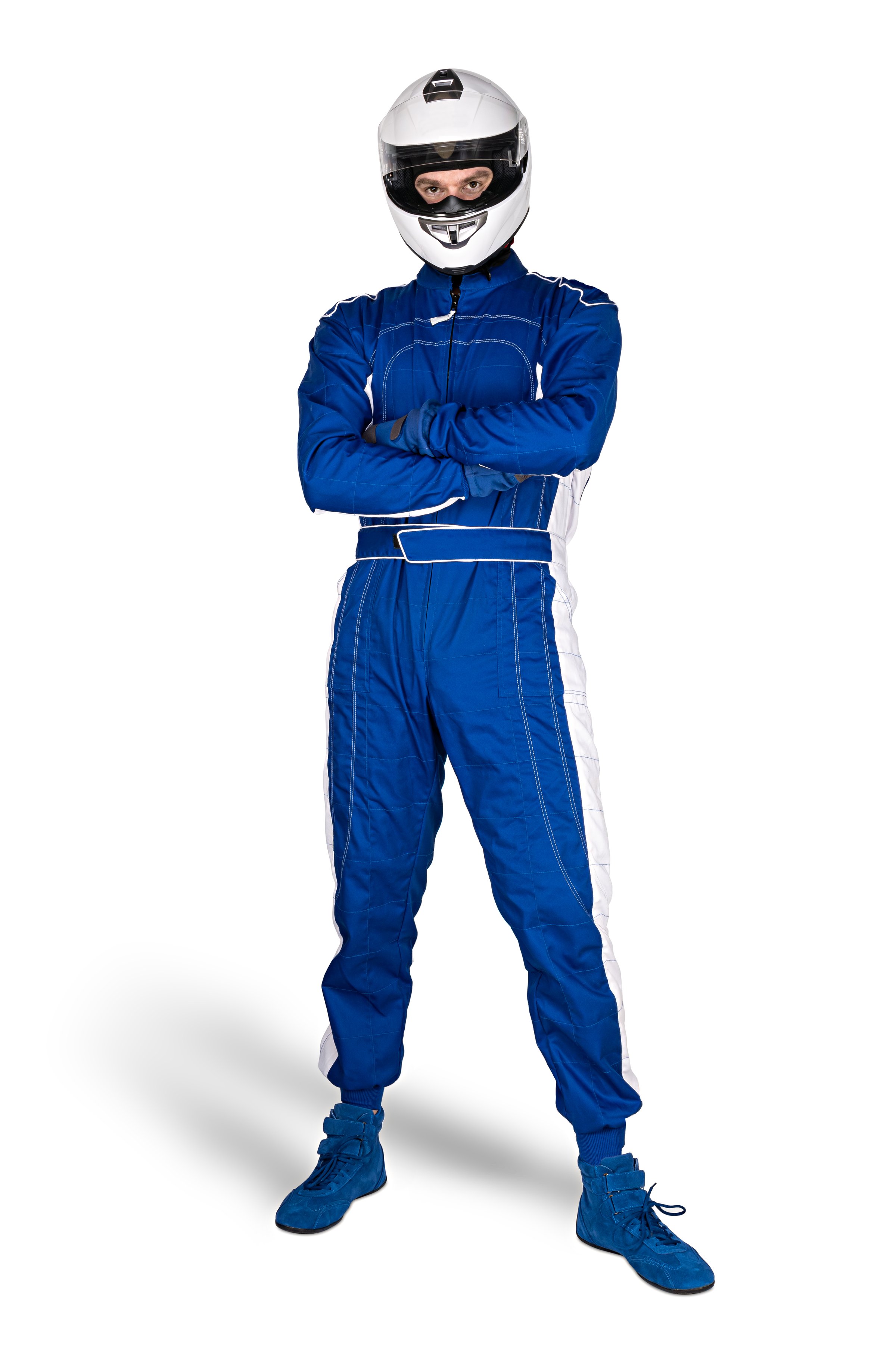 Determined race driver in blue white motorsport overall shoes gloves and integral safety crash helmet isolated on white background. Car racing motorcycle sport concept.