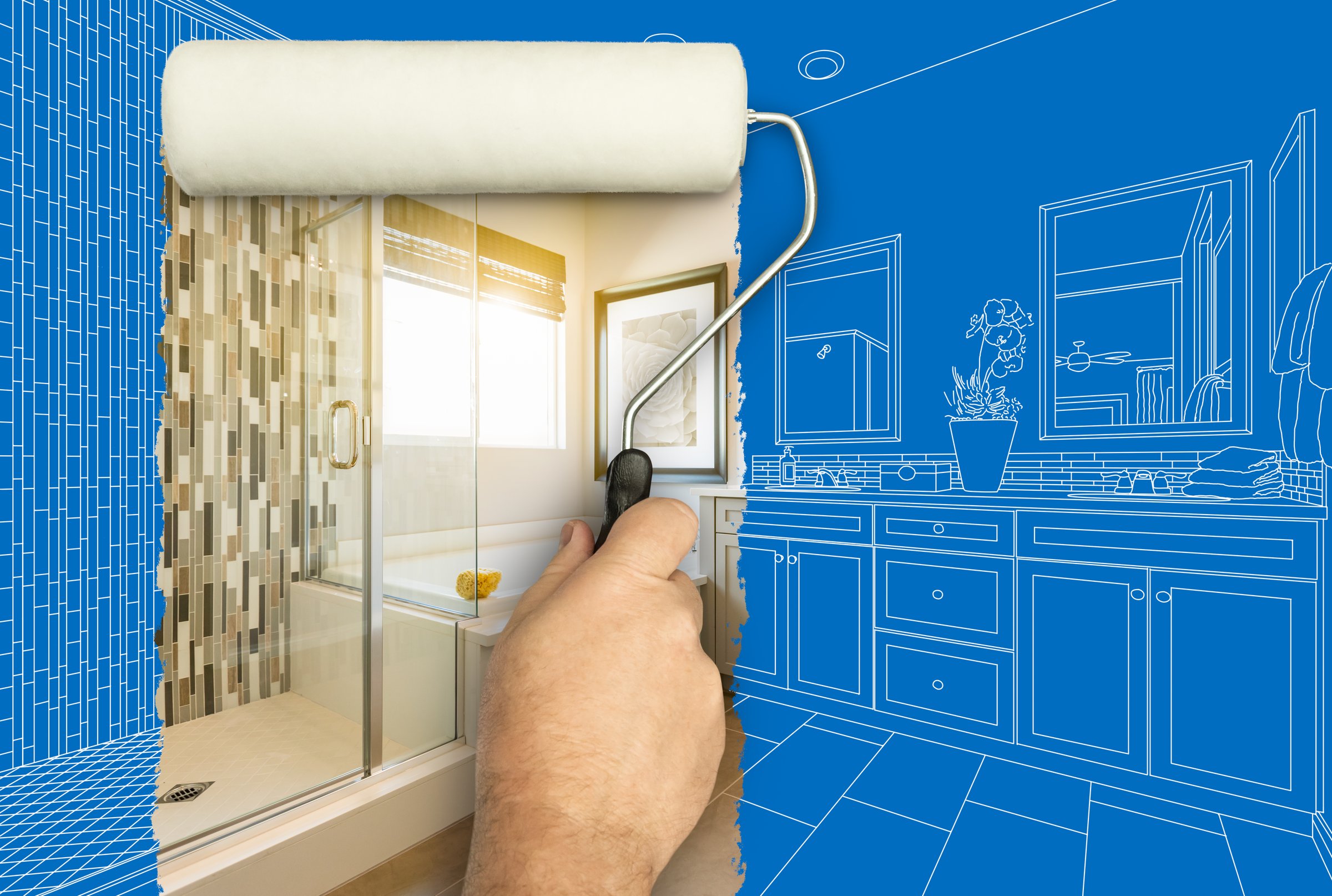 Before and After of Man Painting Roller to Reveal Newly Remodeled Master Bathroom Under Blueprint Drawing Plans.