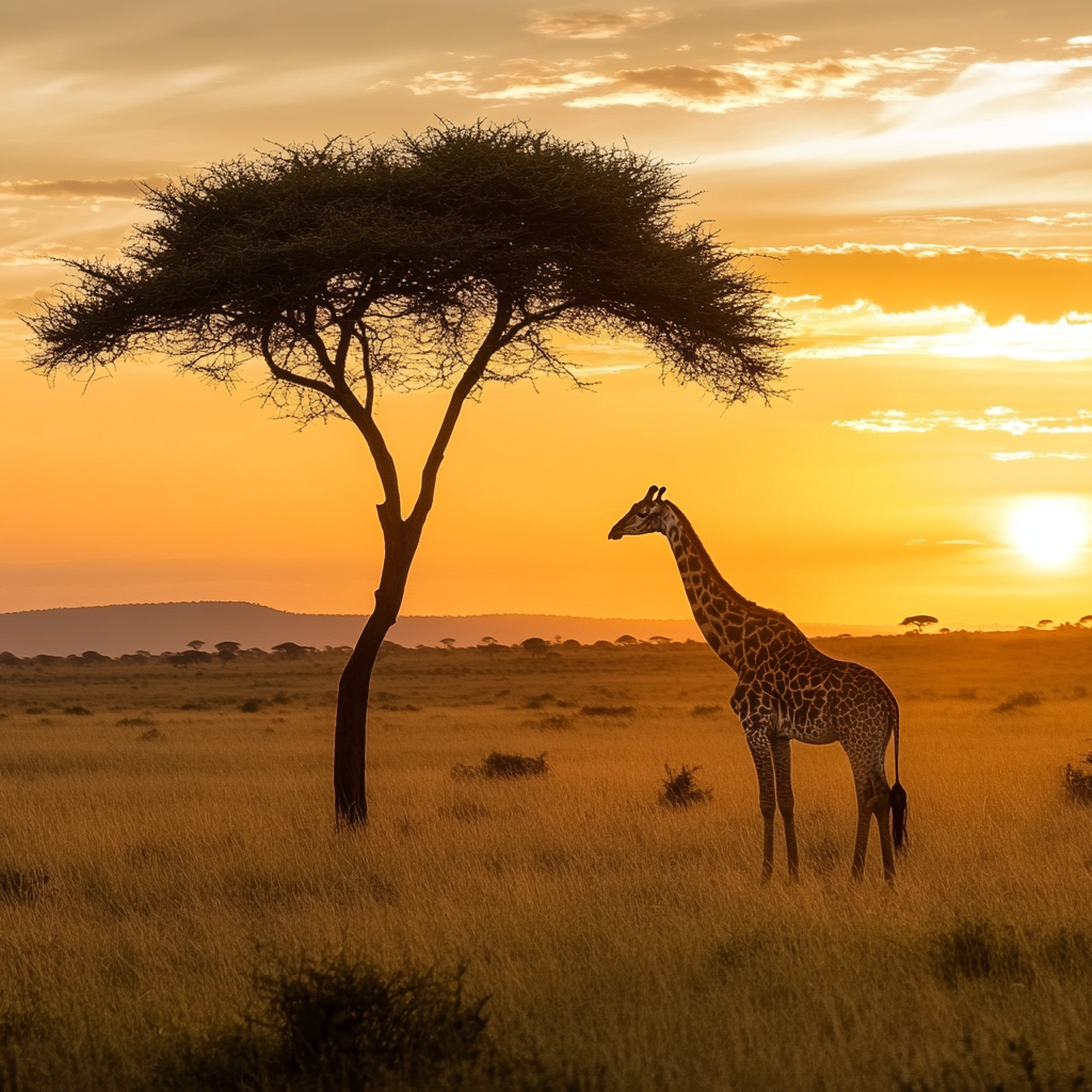 A giraffe stands beside an acacia tree on the African savanna at sunset, with an orange sky and distant hills in the background.