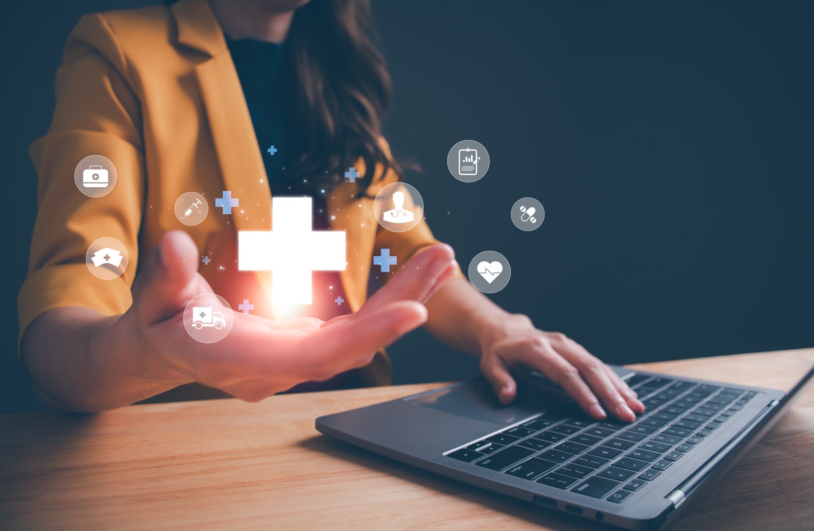 Woman hand holding plus icon for the healthcare medical icon. Health care, access to welfare health and medical Insurance for your health concept.