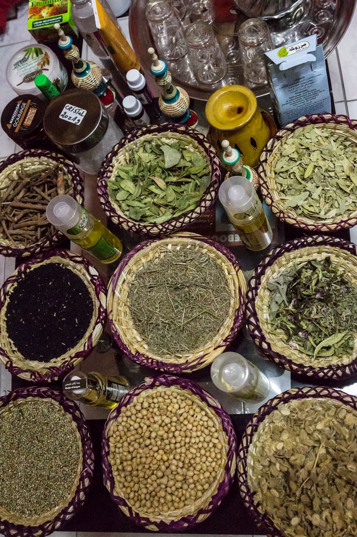 Agadir, Morocco, October 23, 2017: Pods with exotic spice in a herbal shop in Agadir.