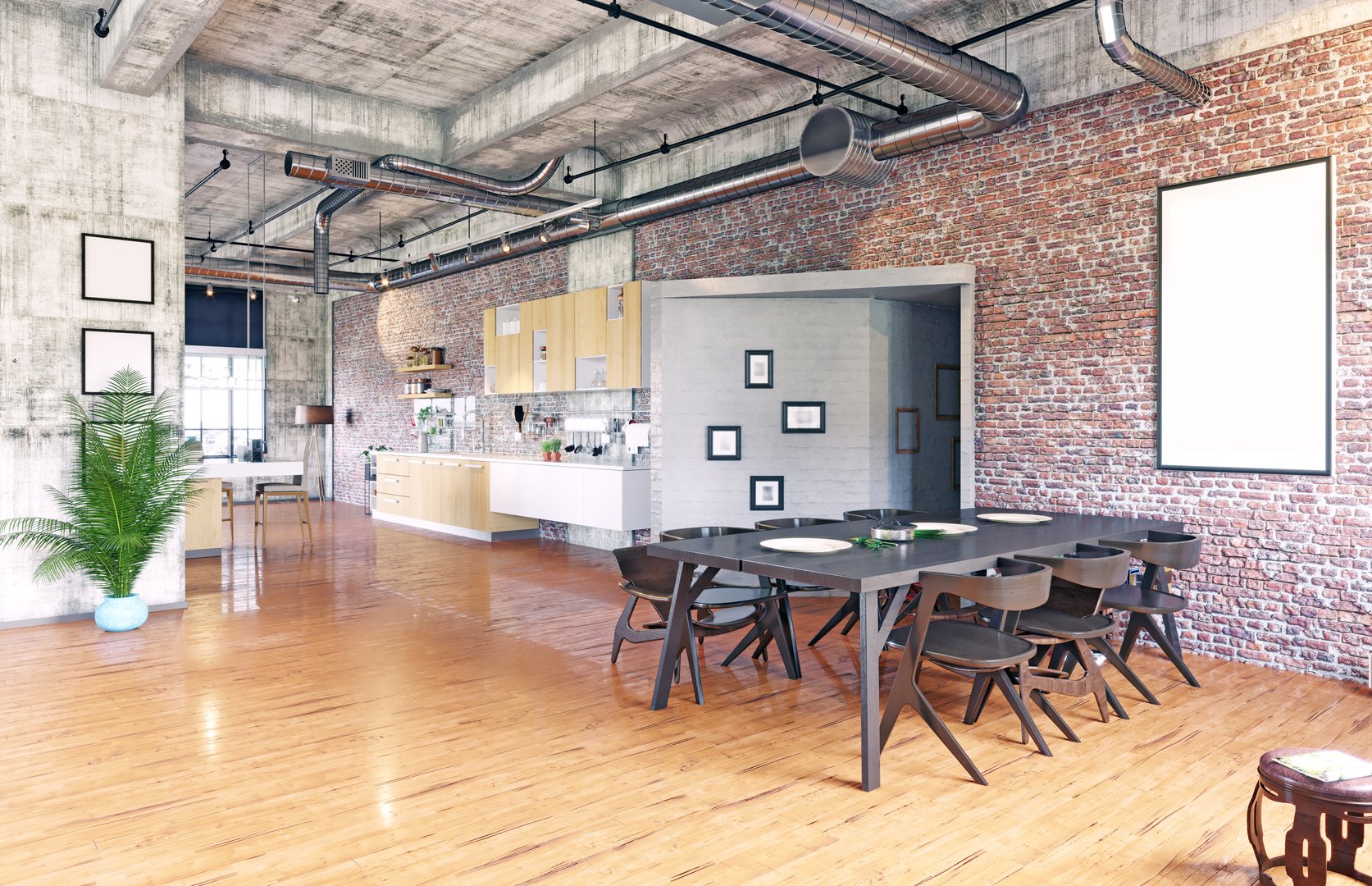 Contemporary loft kitchen with dark dining table and industrial ceiling. 3d rendering.