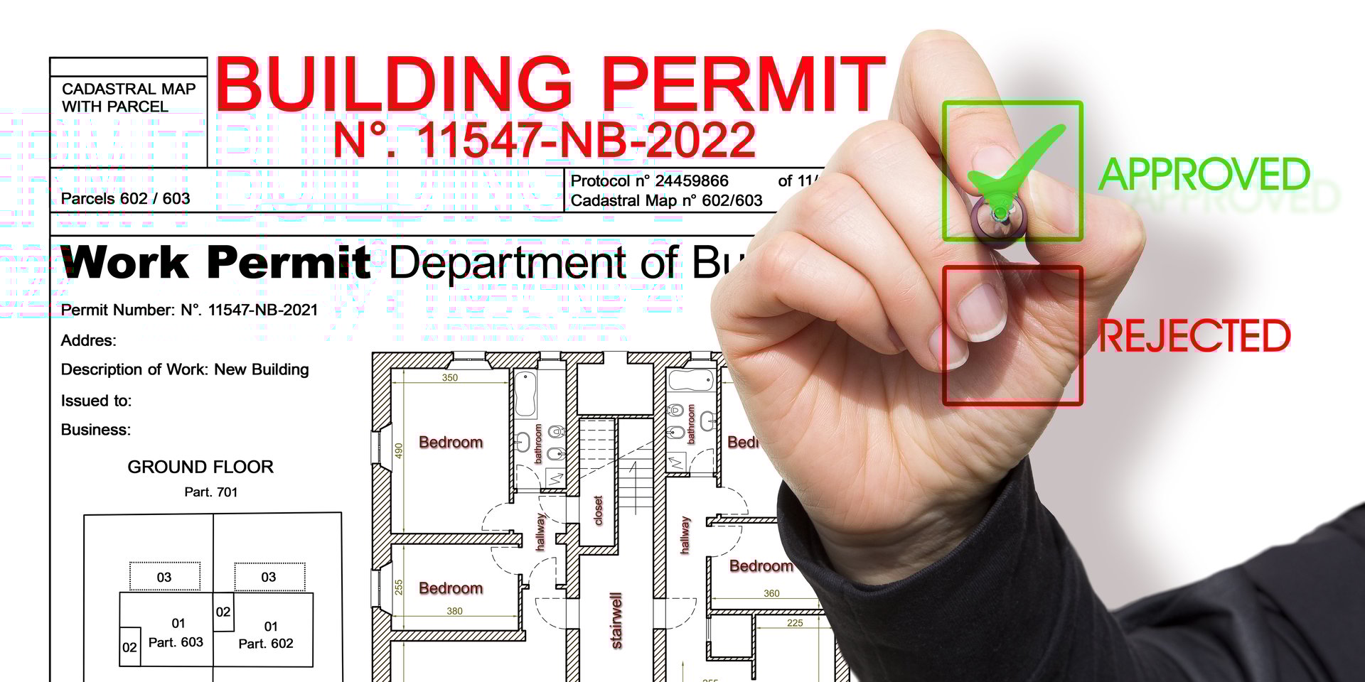APPROVED BUILDINGS PERMIT CONCEPT in buildings activity and construction industry with approved residential building project and imaginary cadastral map