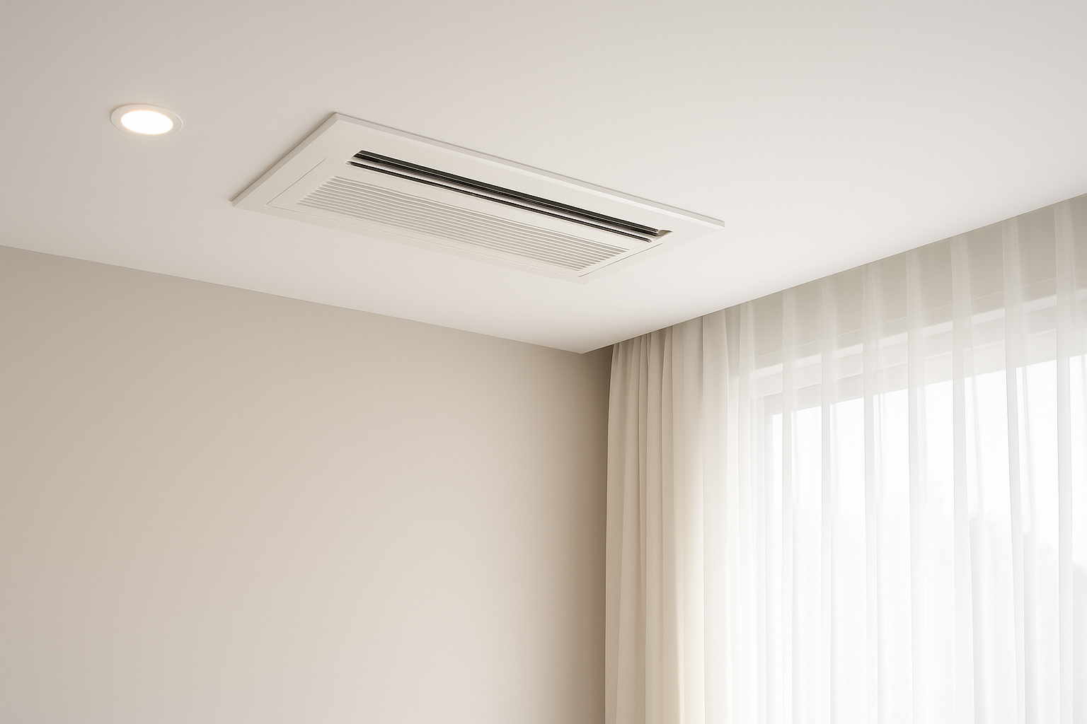 Ceiling-mounted air vent near a window with sheer white curtains, in a minimalist room with beige walls and recessed lighting.