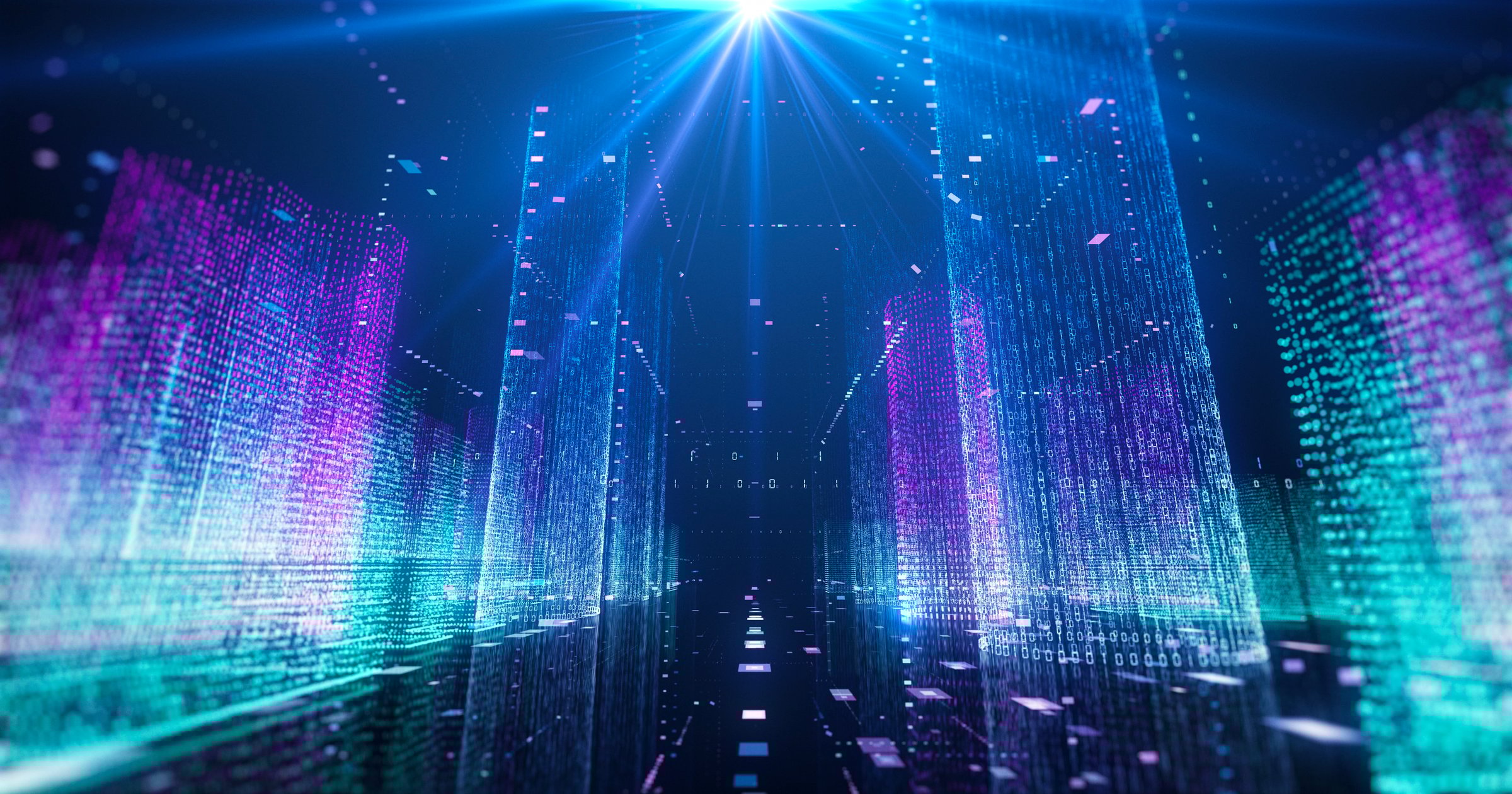 Digital smart city animation with lights and colorful buildings. City of the future concept. I made this photo with 3d program, using its 3d animation features.