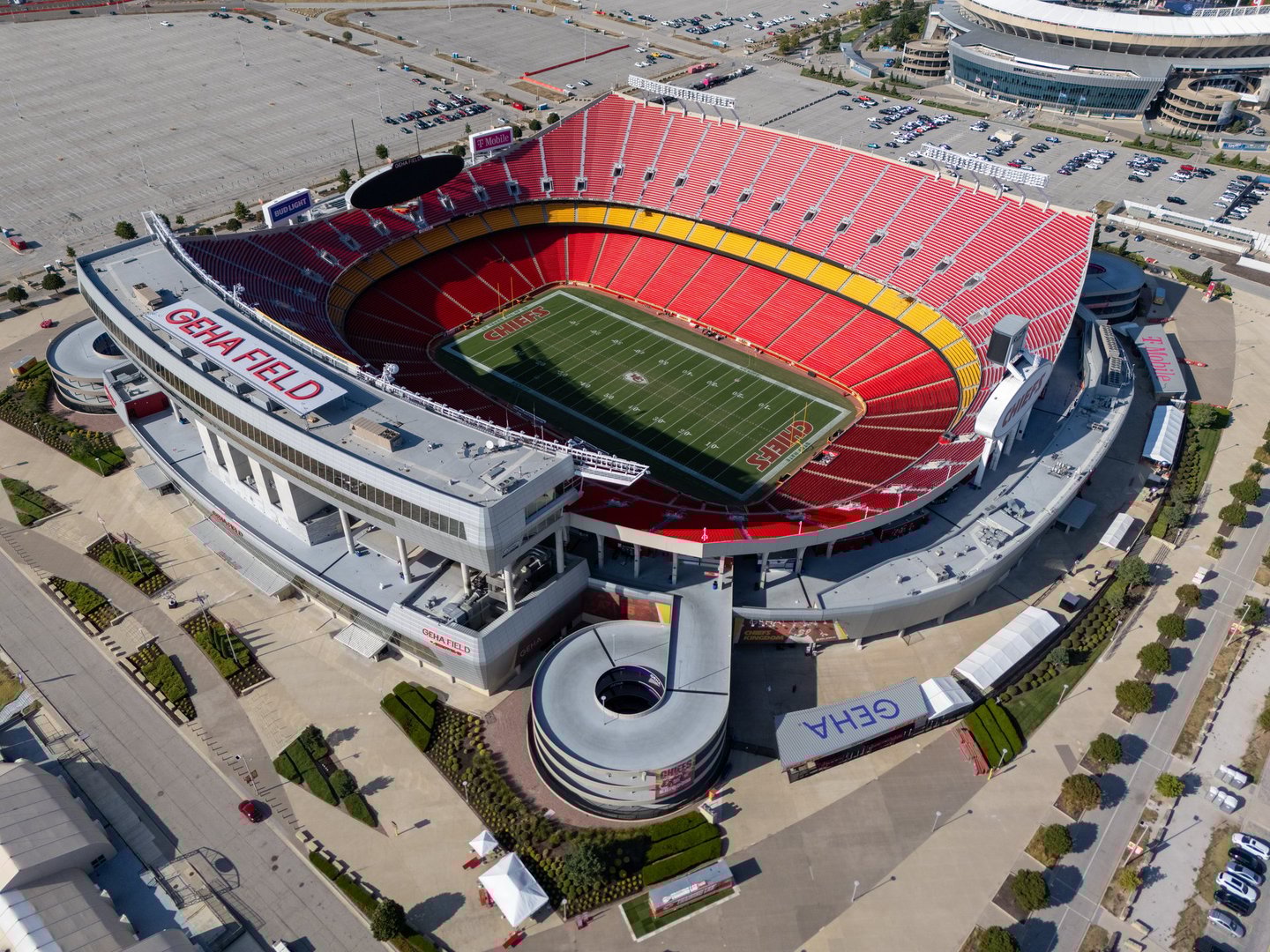 Daytime aerial drone shot of Chiefs GEHA Field at Arrowhead Stadium in Kansas City, MO.