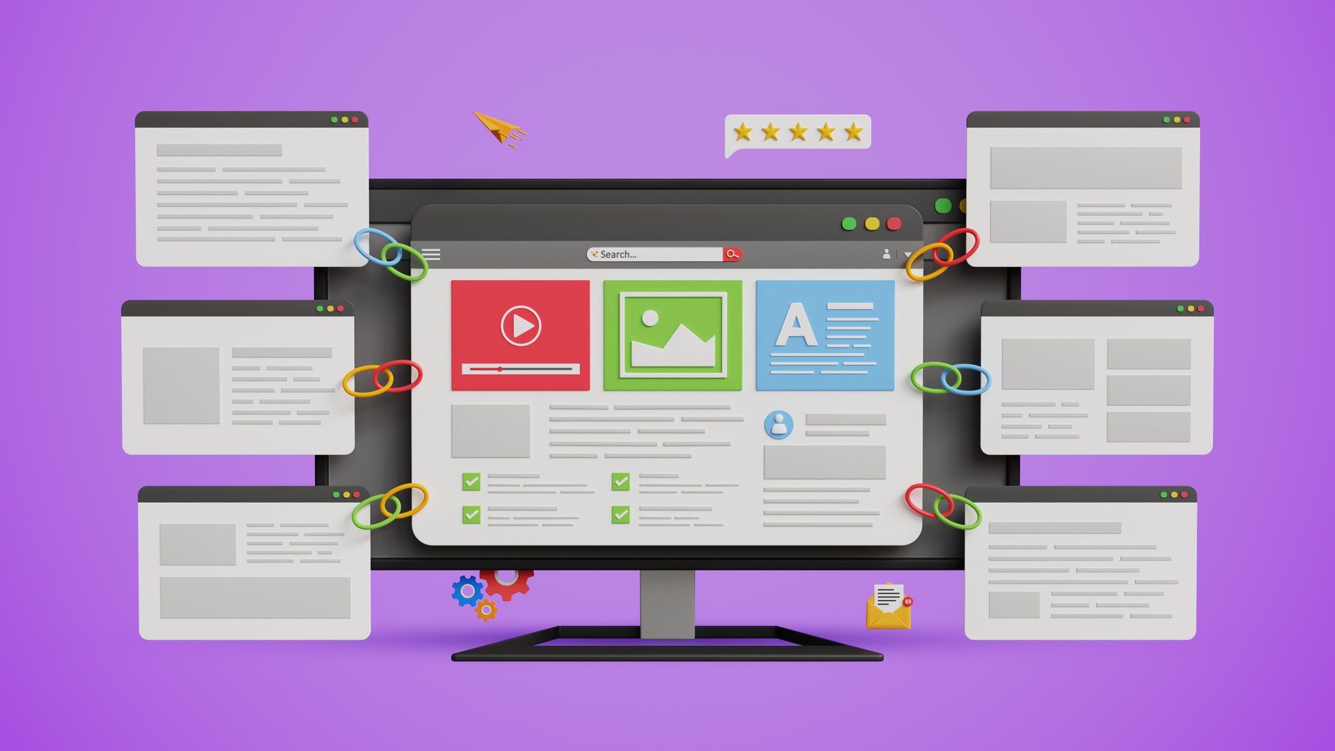 Link Building Strategy, Strong SEO Support, Better Domain Authority, High Search Ranking, Organic Traffic Growth, Quality Link Building. 3D computer with web page and other backlink pages attached