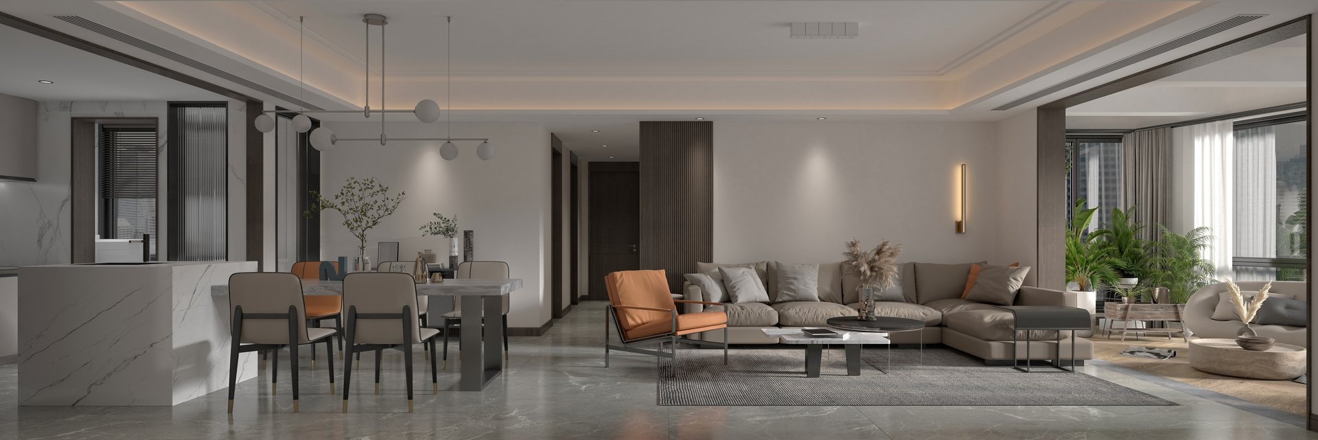 3d render of living room and dining space