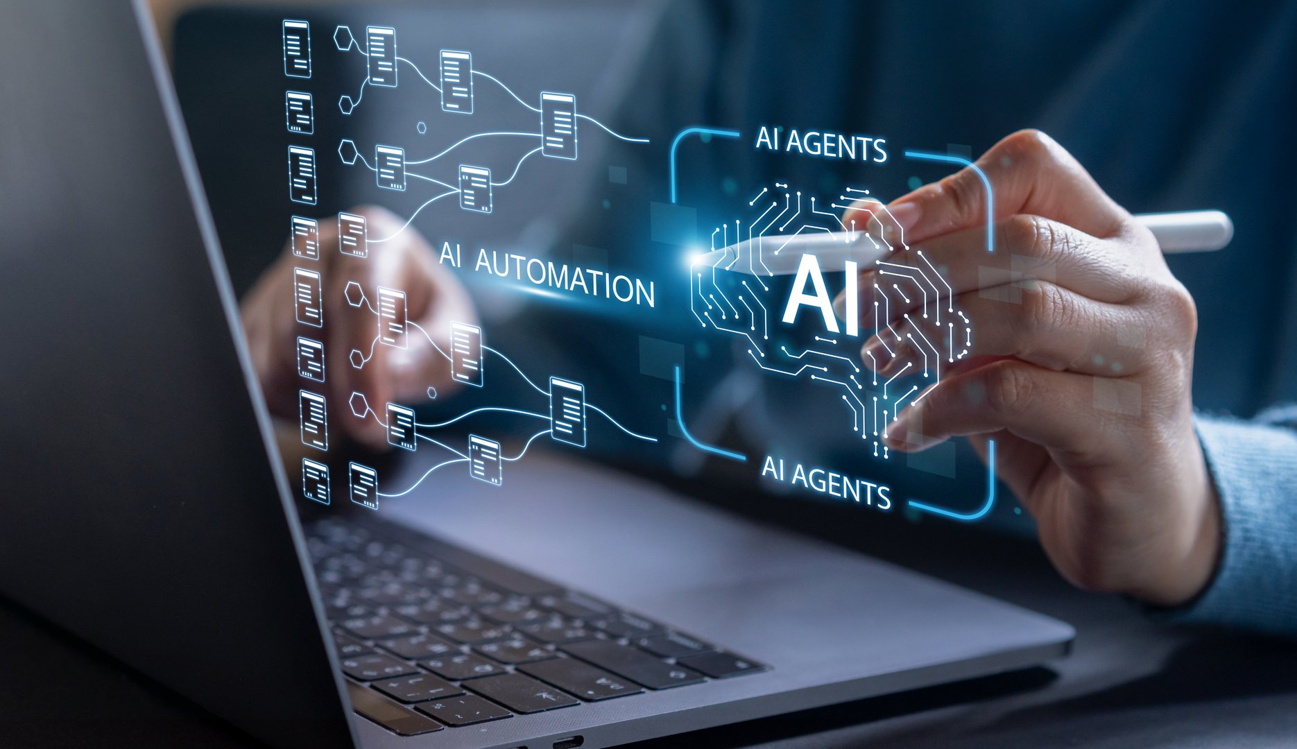 Ai automation technology with digital artificial intelligence, machine learning, robotic, workflow optimization, data analytics, erp software, rpa, data science, big data analytics and chatbot