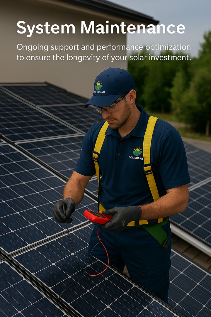 Technician in uniform and cap inspecting solar panels with a multimeter, emphasizing system maintenance.