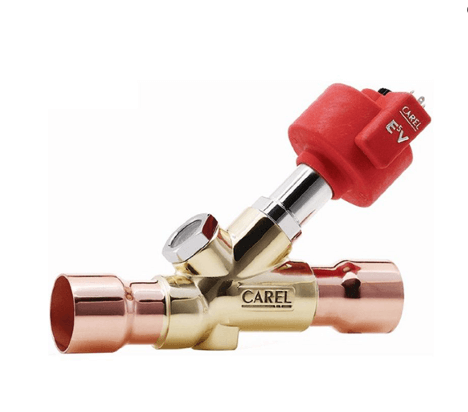 Brass and copper plumbing valve with a red actuator on top, branded Carel.