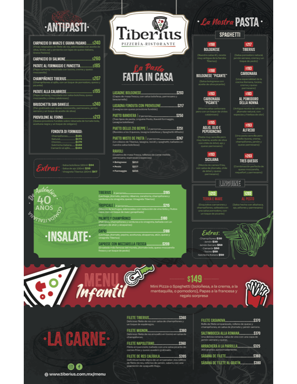 Menú Tiberius Página 1 - Entrantes, Pizzas y Pastas