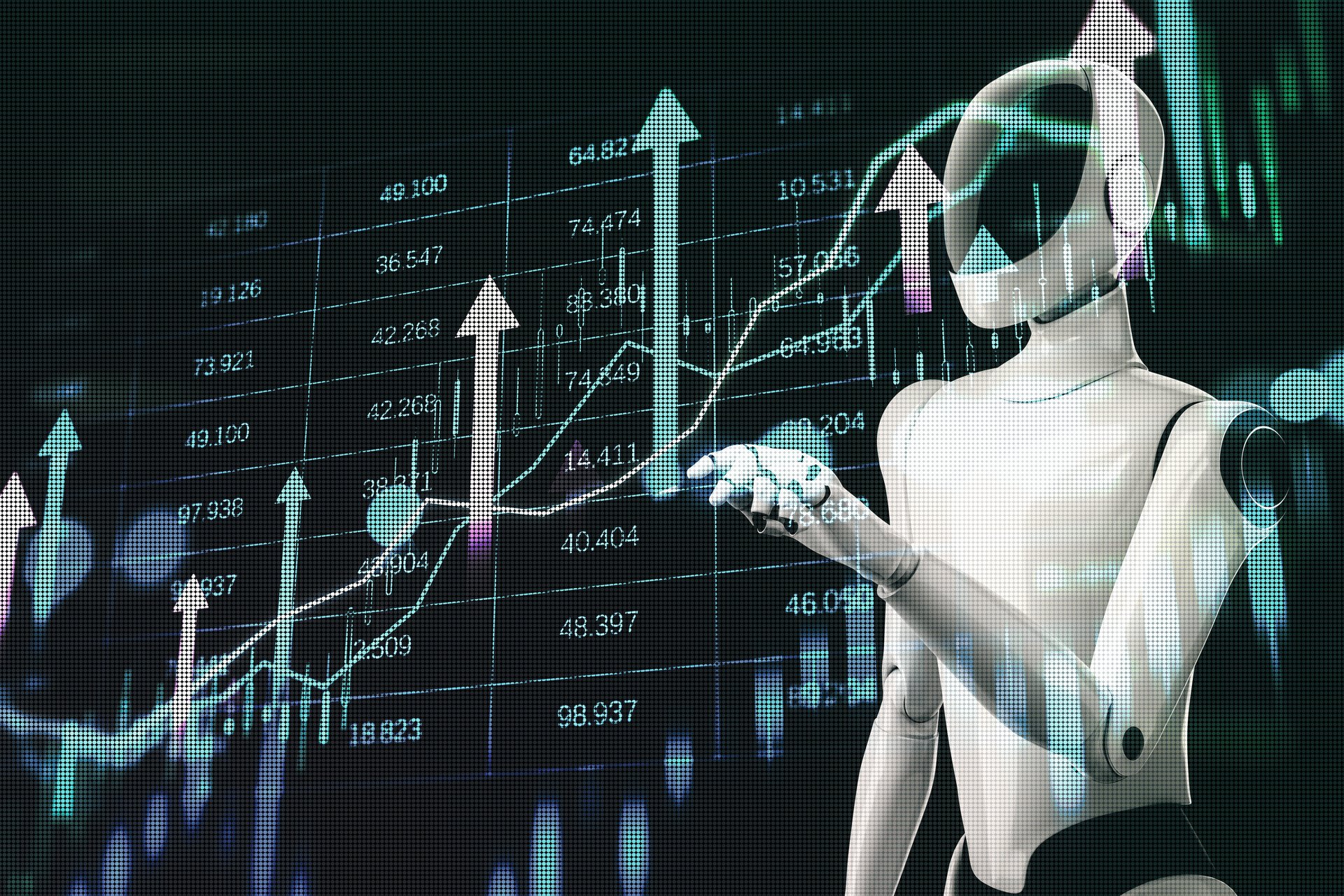 Humanoid robot with stock charts and arrows in digital style on dark background, symbolizing fintech, investment, and data-driven automation. 3D Rendering