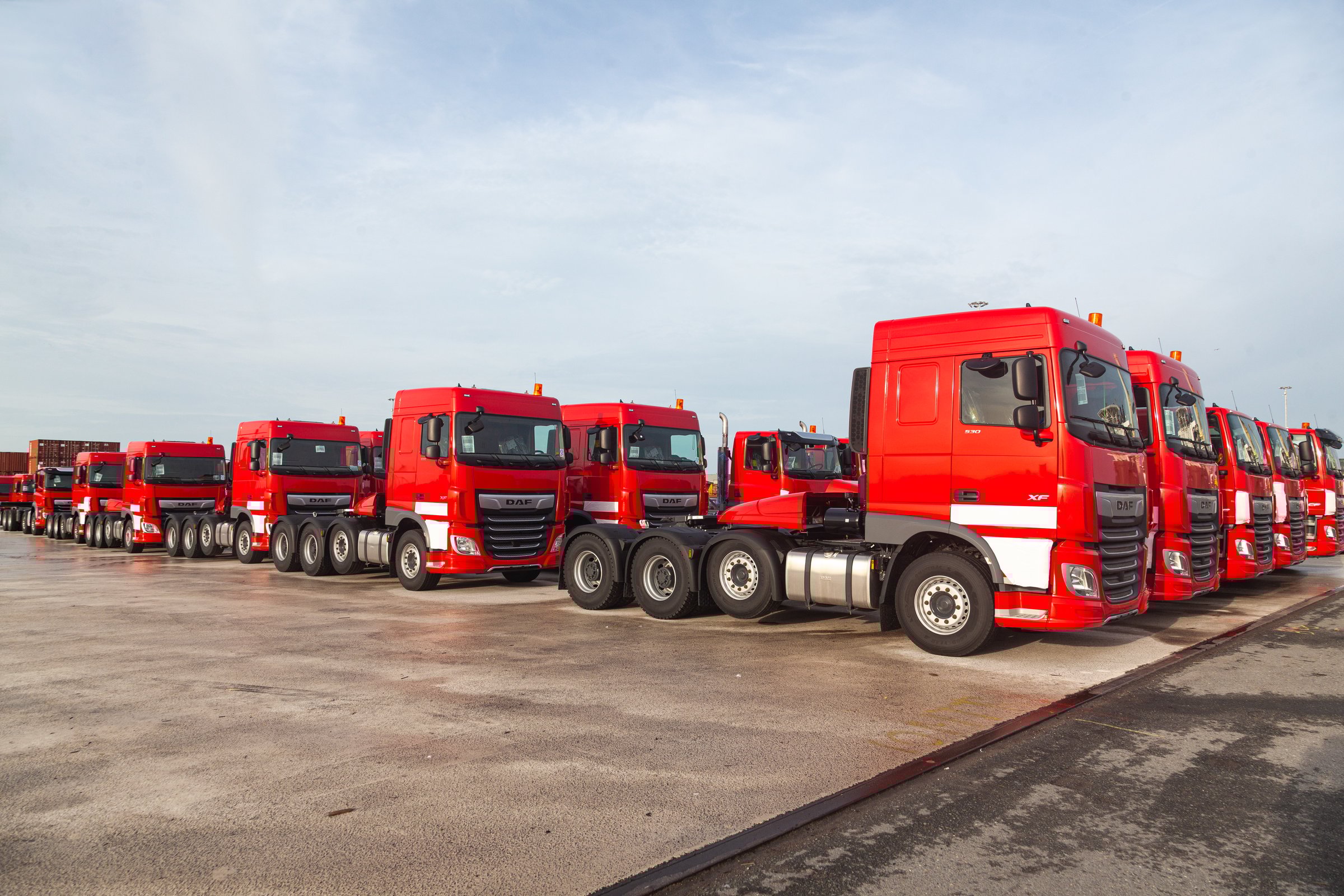 Netherlads, Amsterdam - 24.11.2024: A batch of new DAF trucks standing at the port for shipment.