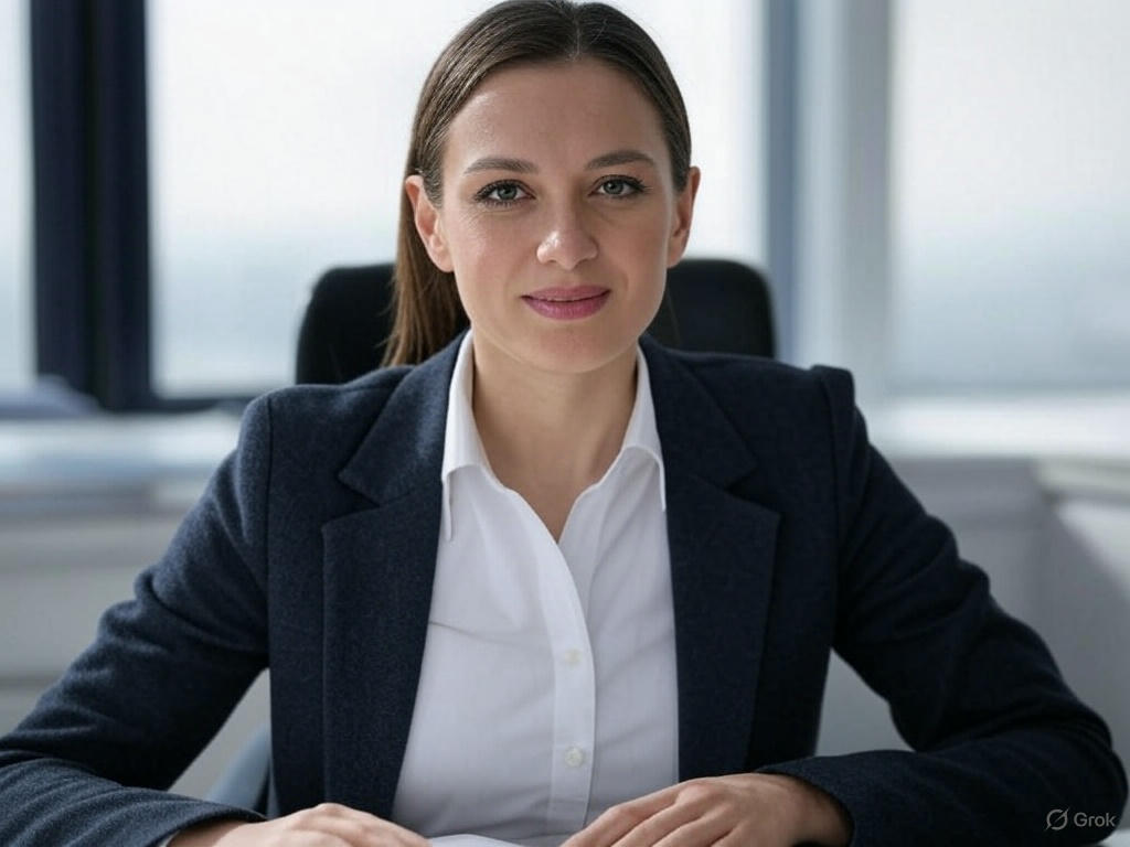 Professional woman in a business suit seated at a desk, smiling with hands resting on the table in an office setting.