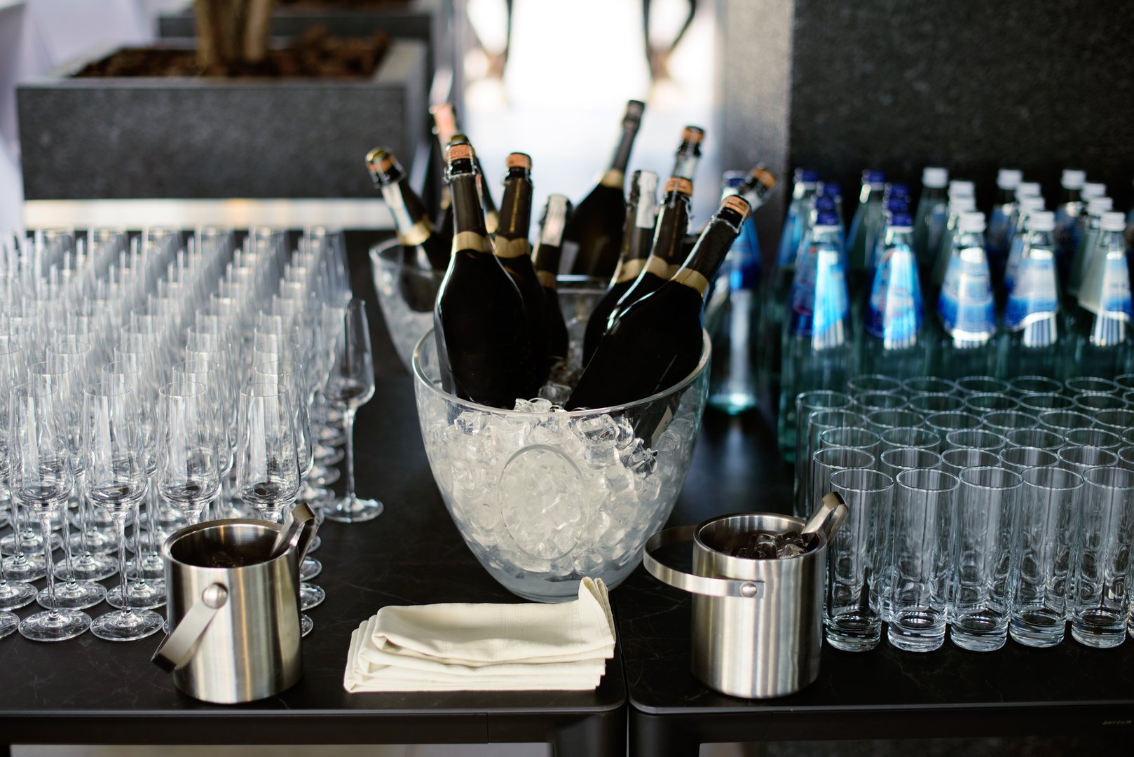 Wedding catering. Celebration marriage concept. Restaurant and bar alcohol menu. Luxury drink. Banquet service outdoor. glasses of champagne.