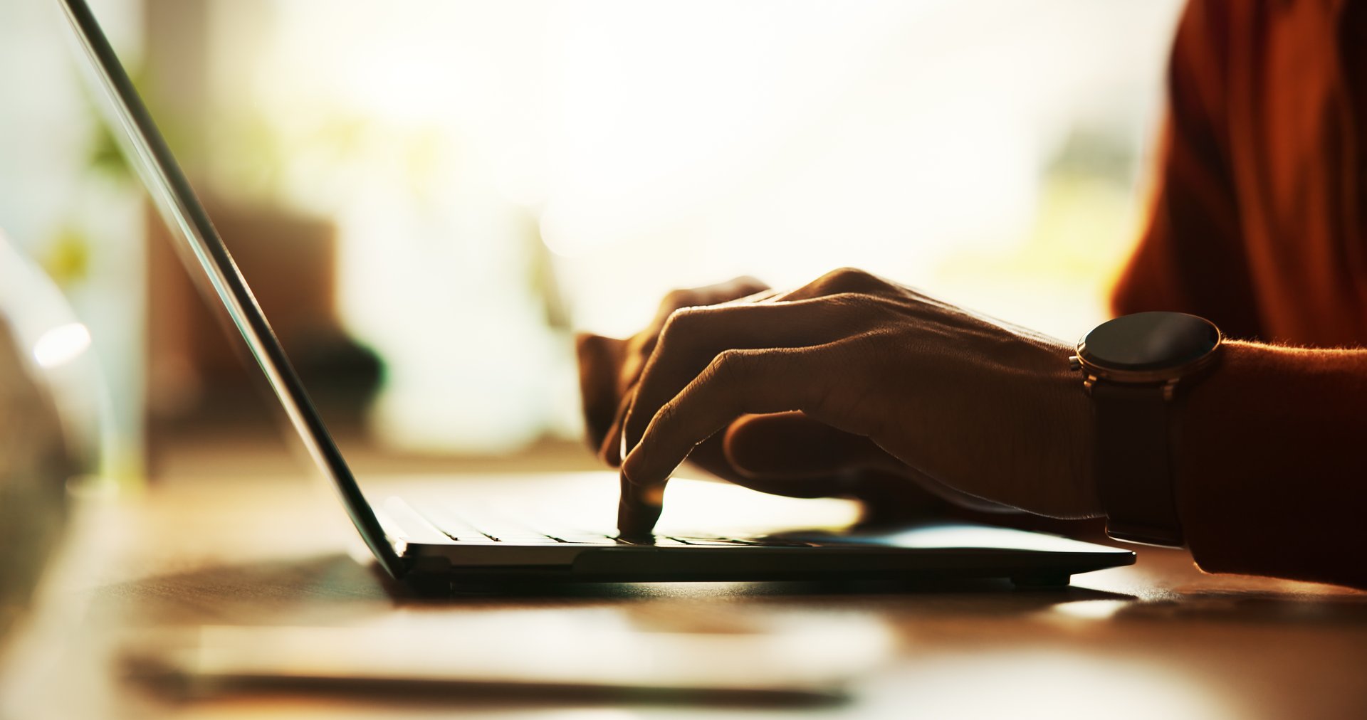 Remote work, writer and laptop with hands of person in home office for research, networking and email. Newsletter, online and copywriting with closeup of freelancer in apartment for typing and blog