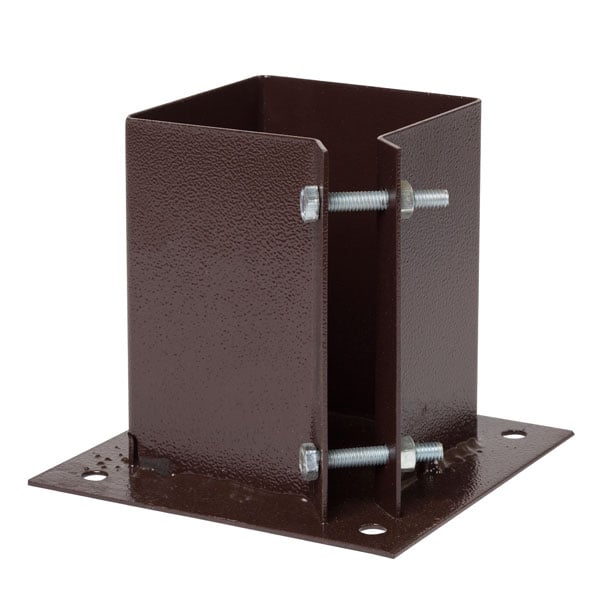 Metal post anchor bracket with a square base, dark brown color, featuring bolt holes and two bolts on the sides.