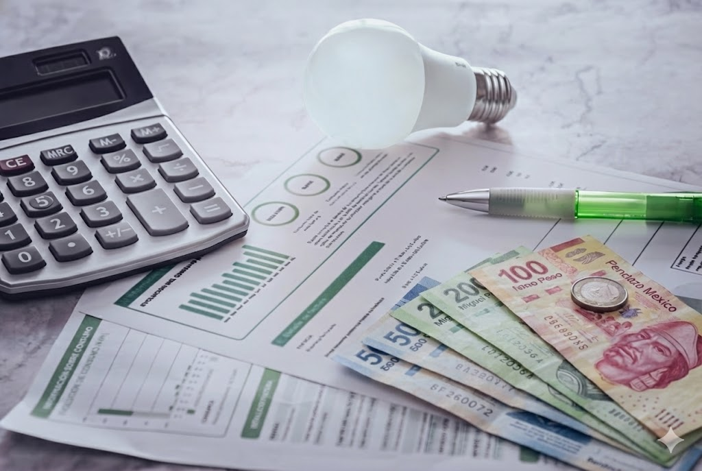 Recibo de luz CFE con billetes mexicanos, calculadora y foco