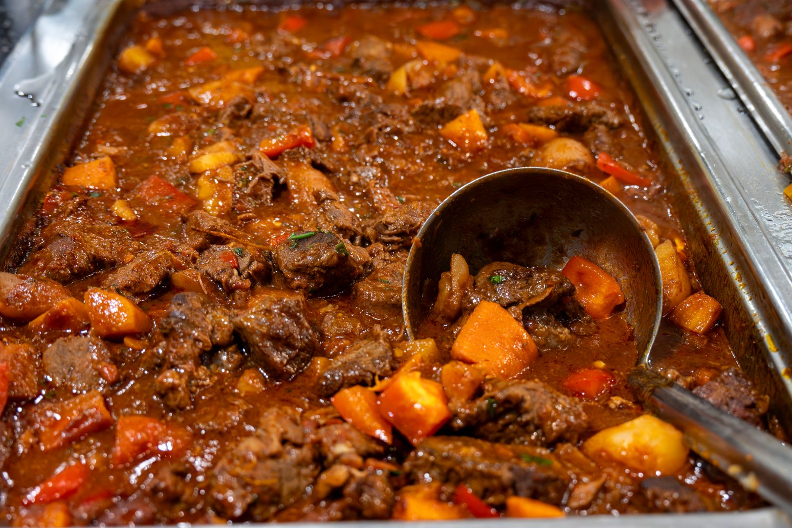 A pan of warm flavorful and hearty beef goulash on a cool winter day