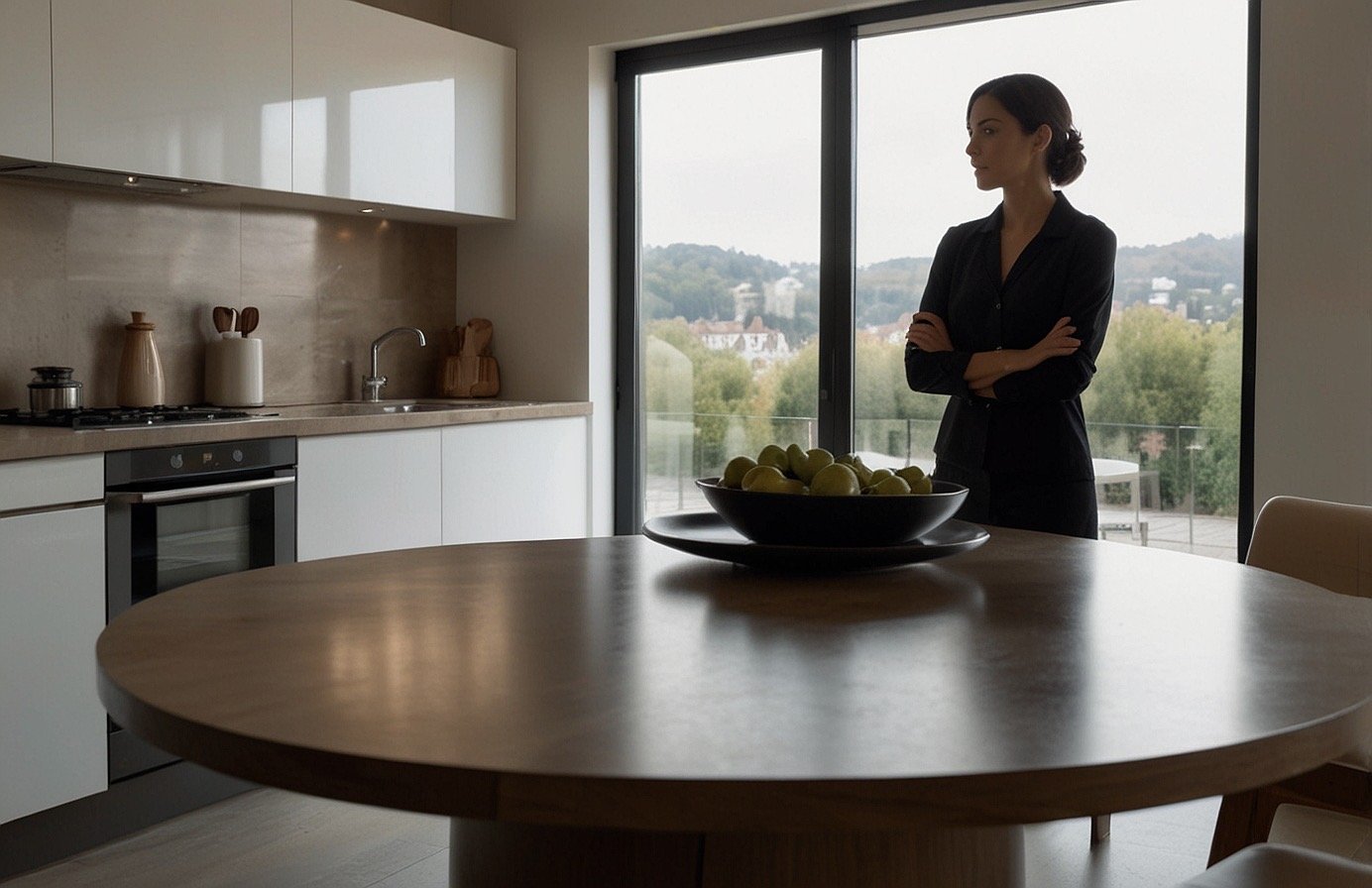 Woman in a modern kitchen stands by a window, looking outside. A round table with a fruit bowl is in the foreground.