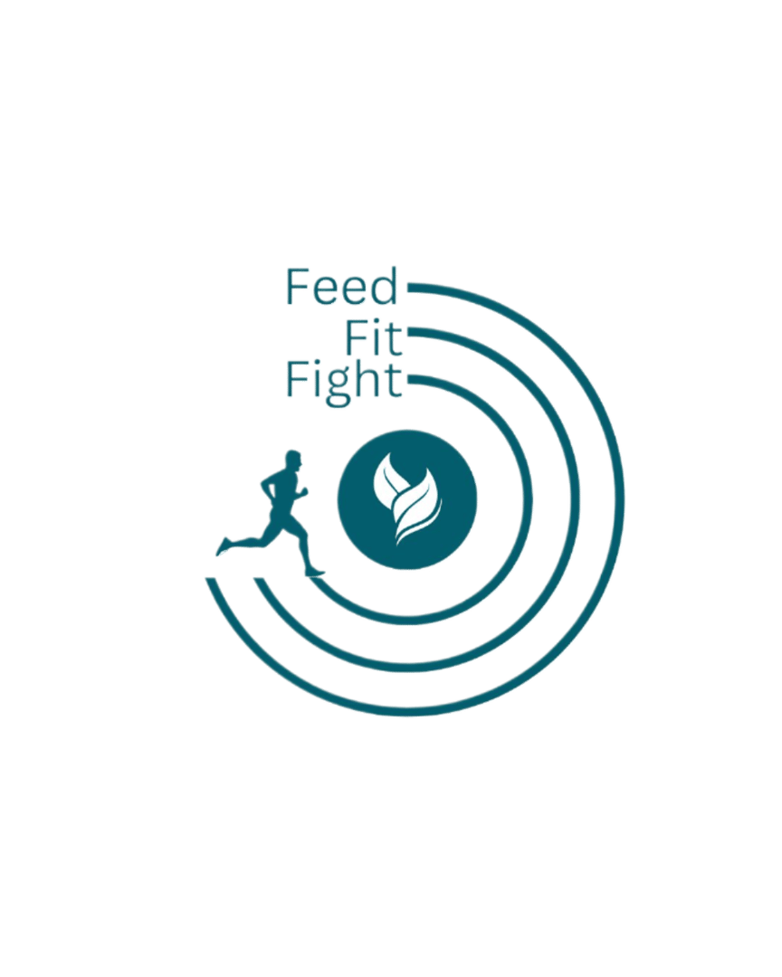 Logo featuring a running figure, concentric circles, and the words "Feed Fit Fight" with a leaf icon in the center.