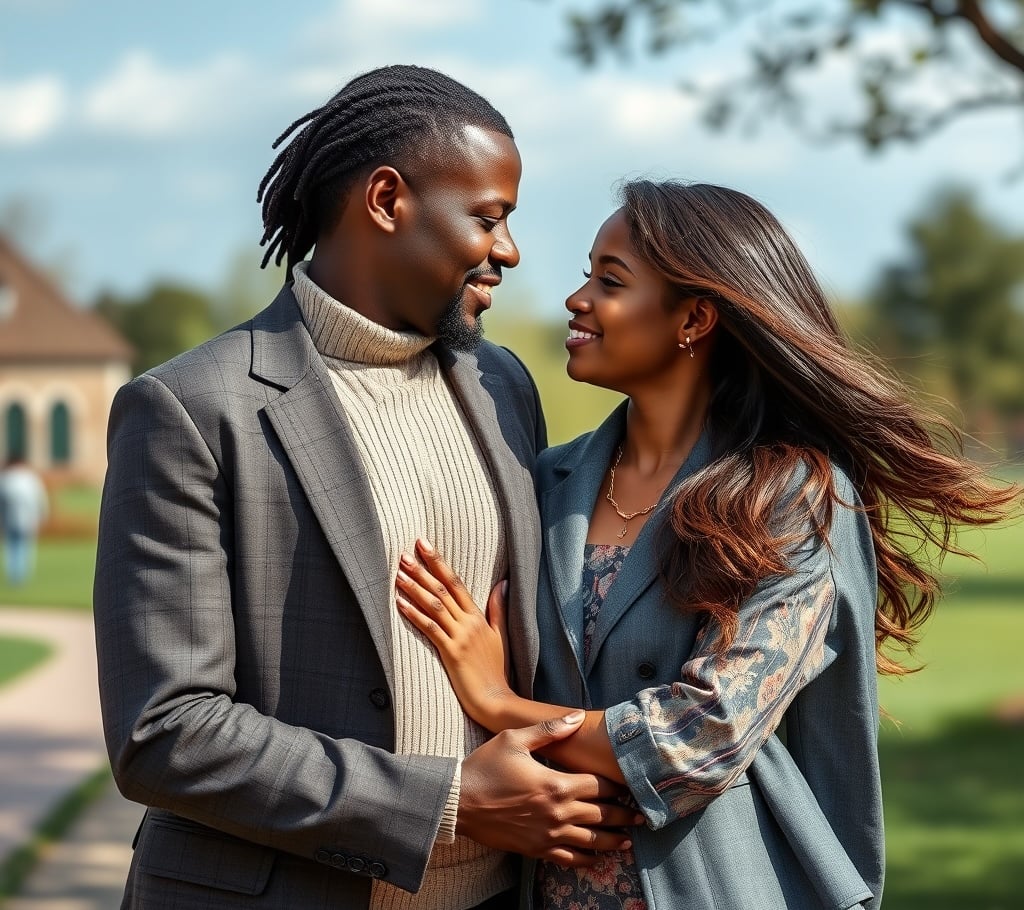 A couple gazes at each other affectionately in a park, both dressed in fall attire, with trees and a pathway in the background.