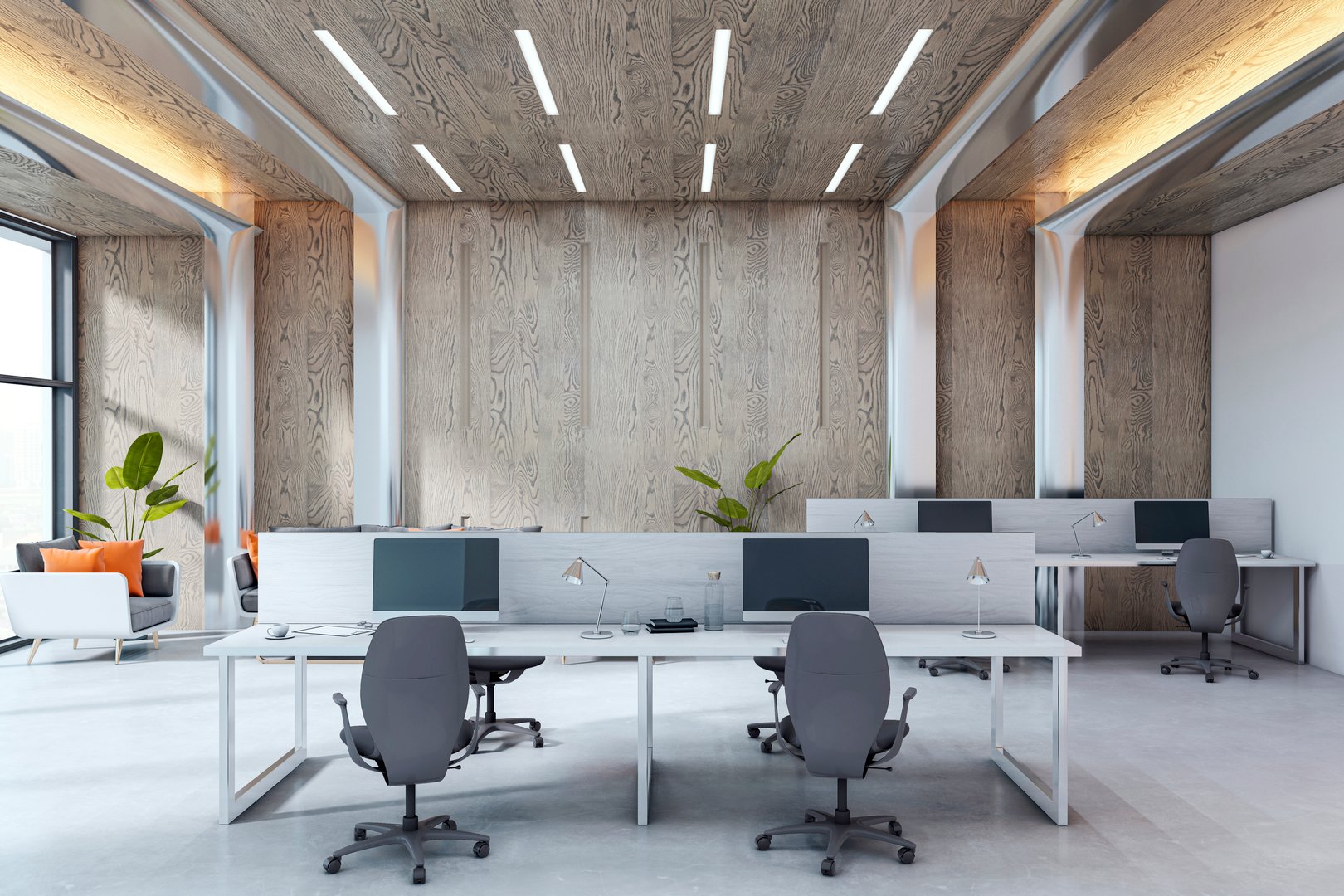 Modern empty office with sleek furniture, computer desks, wooden wall panels, and chairs in a daylight-lit corporate workspace. 3D Rendering