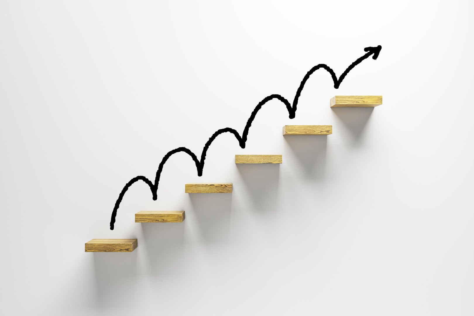 Wooden staircase steps with upward arrow on white background, symbolizing ambition, success, growth, learning, and career direction. 3D Rendering