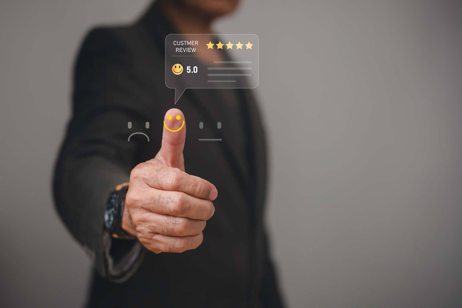 Businessman showing thumbs up with smiley face icon and 5-star rating, symbolizing positive customer feedback, excellent service, client satisfaction, and online review success.