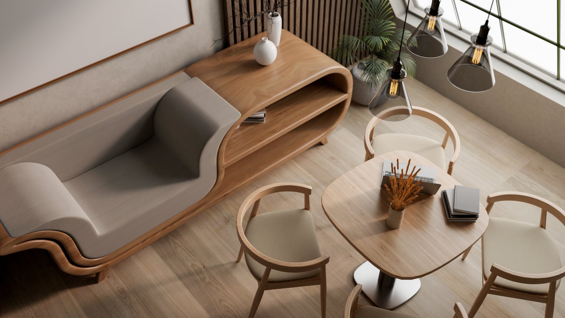 Top view of a living room with lamps above wooden table and chairs set aside multifunctional armchair.